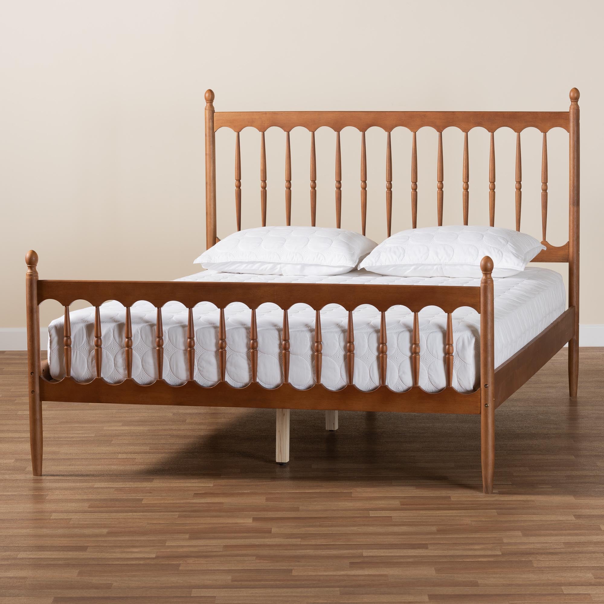 Aquamarine Queen Retro-Modern Platform Bed – Walnut Brown Spindle Design