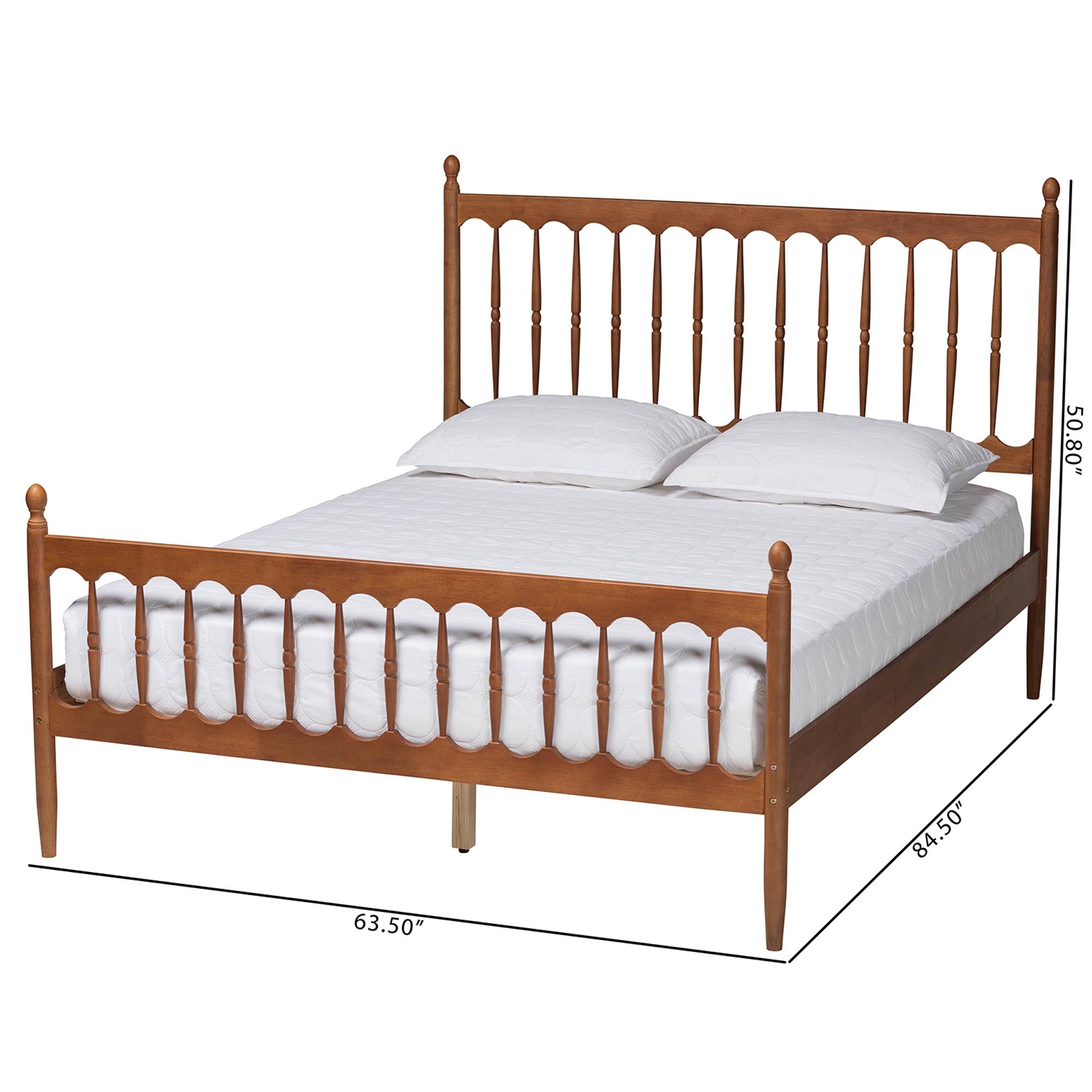 Aquamarine Queen Retro-Modern Platform Bed – Walnut Brown Spindle Design