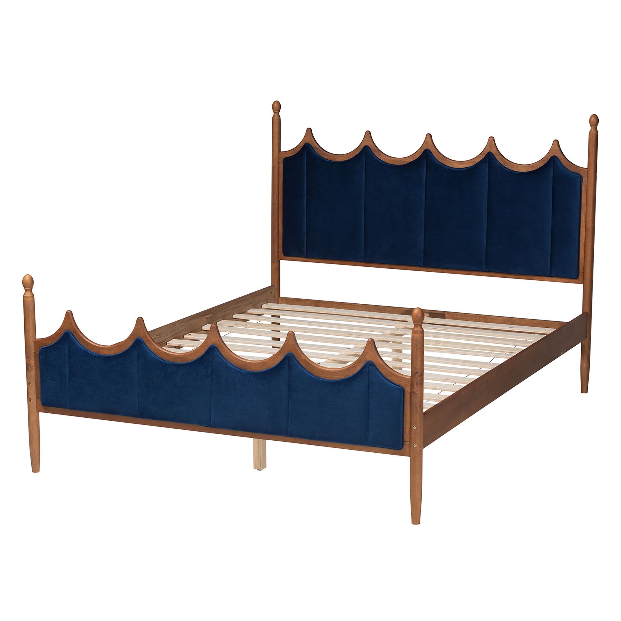 Amancio Retro-Modern Queen Platform Bed – Royal Blue Velvet and Walnut Frame