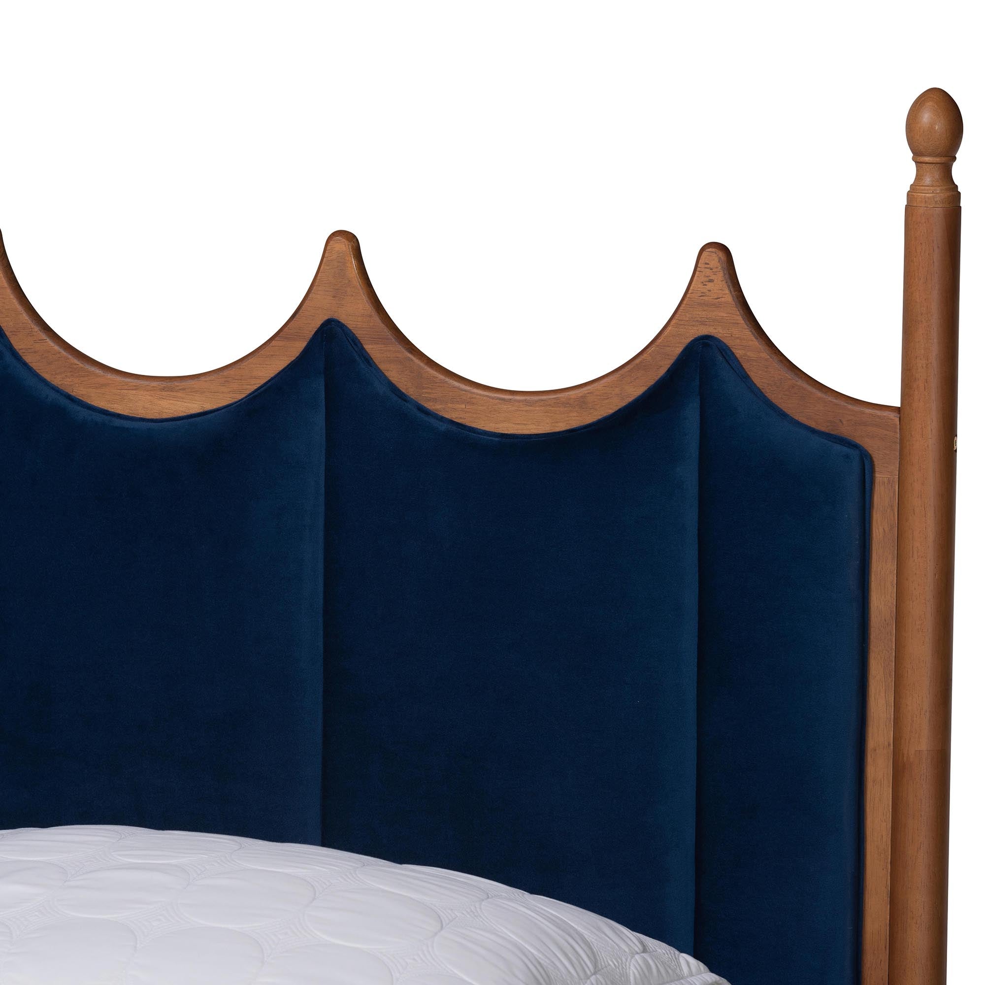 Amancio Retro-Modern Queen Platform Bed – Royal Blue Velvet and Walnut Frame