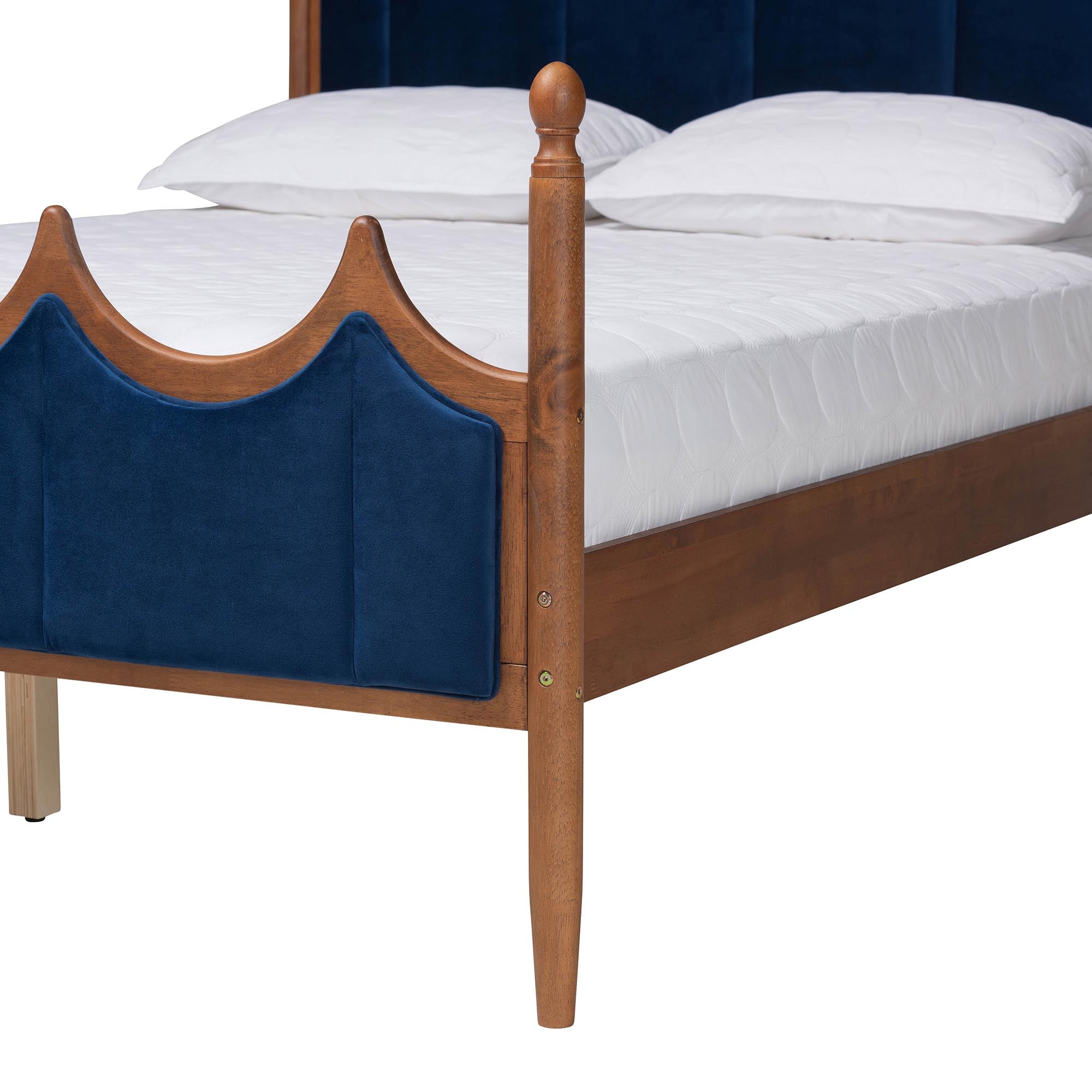 Amancio Retro-Modern Queen Platform Bed – Royal Blue Velvet and Walnut Frame