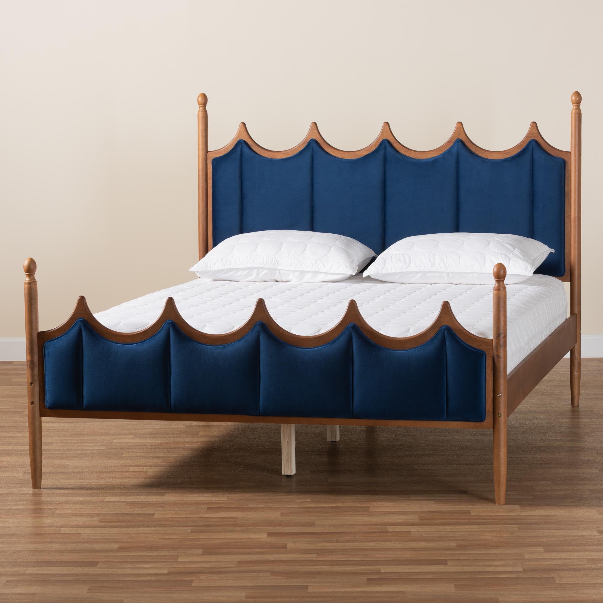 Amancio Retro-Modern Queen Platform Bed – Royal Blue Velvet and Walnut Frame