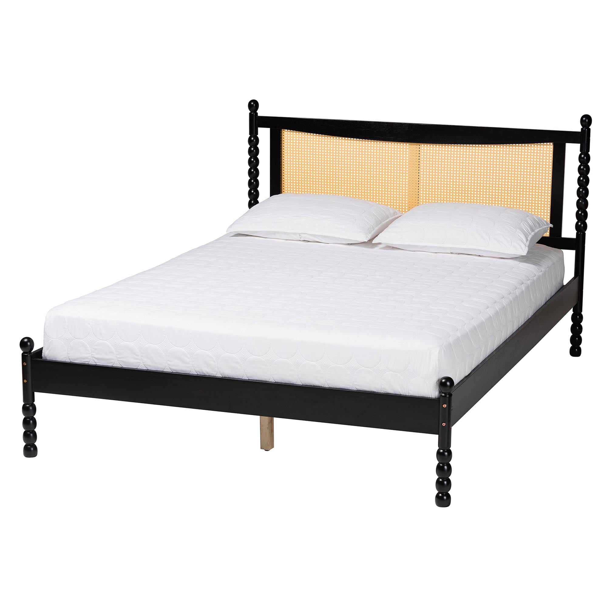 Haversham Queen Black Rubberwood Platform Bed – Mid-Century Modern with Woven Rattan Headboard