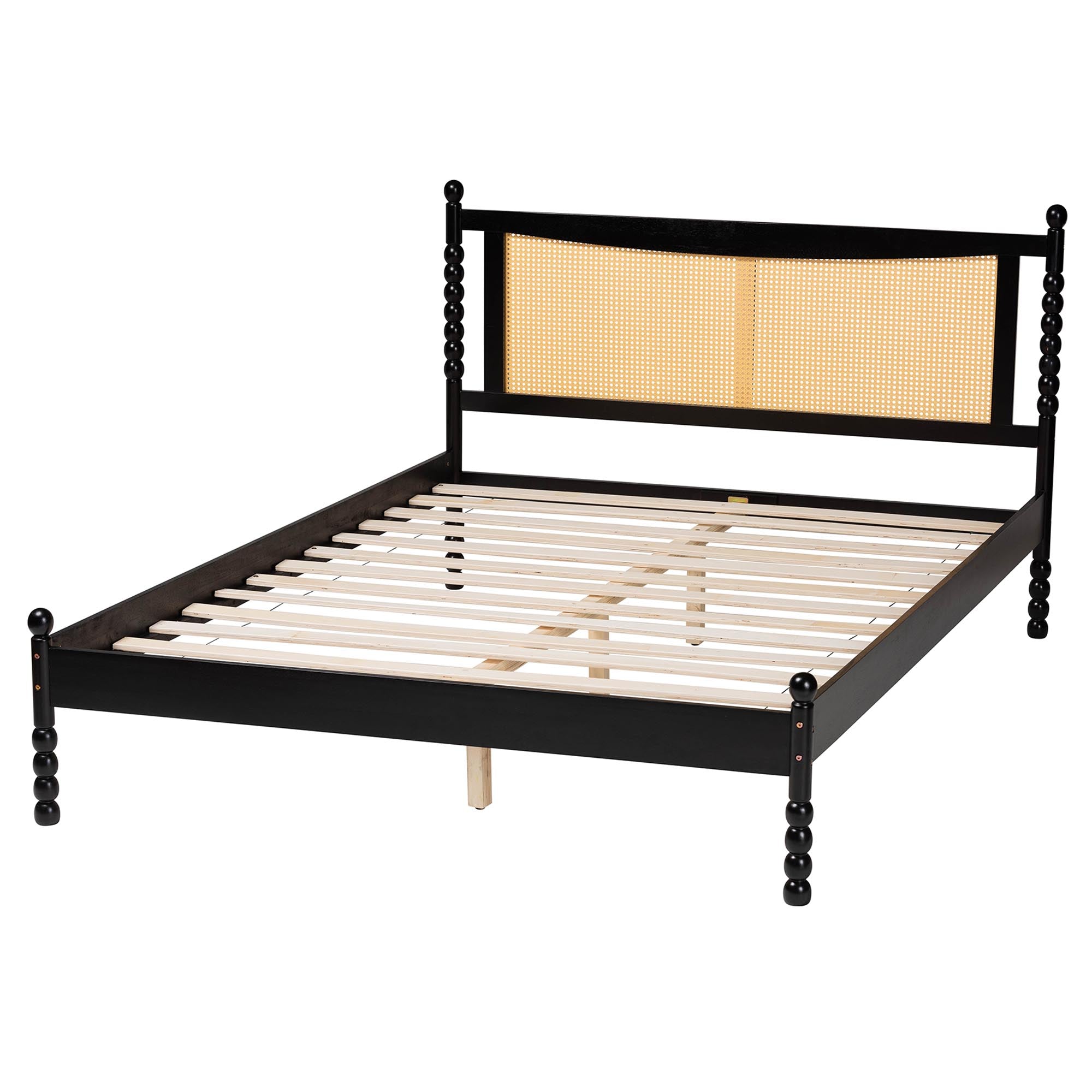 Haversham Queen Black Rubberwood Platform Bed – Mid-Century Modern with Woven Rattan Headboard