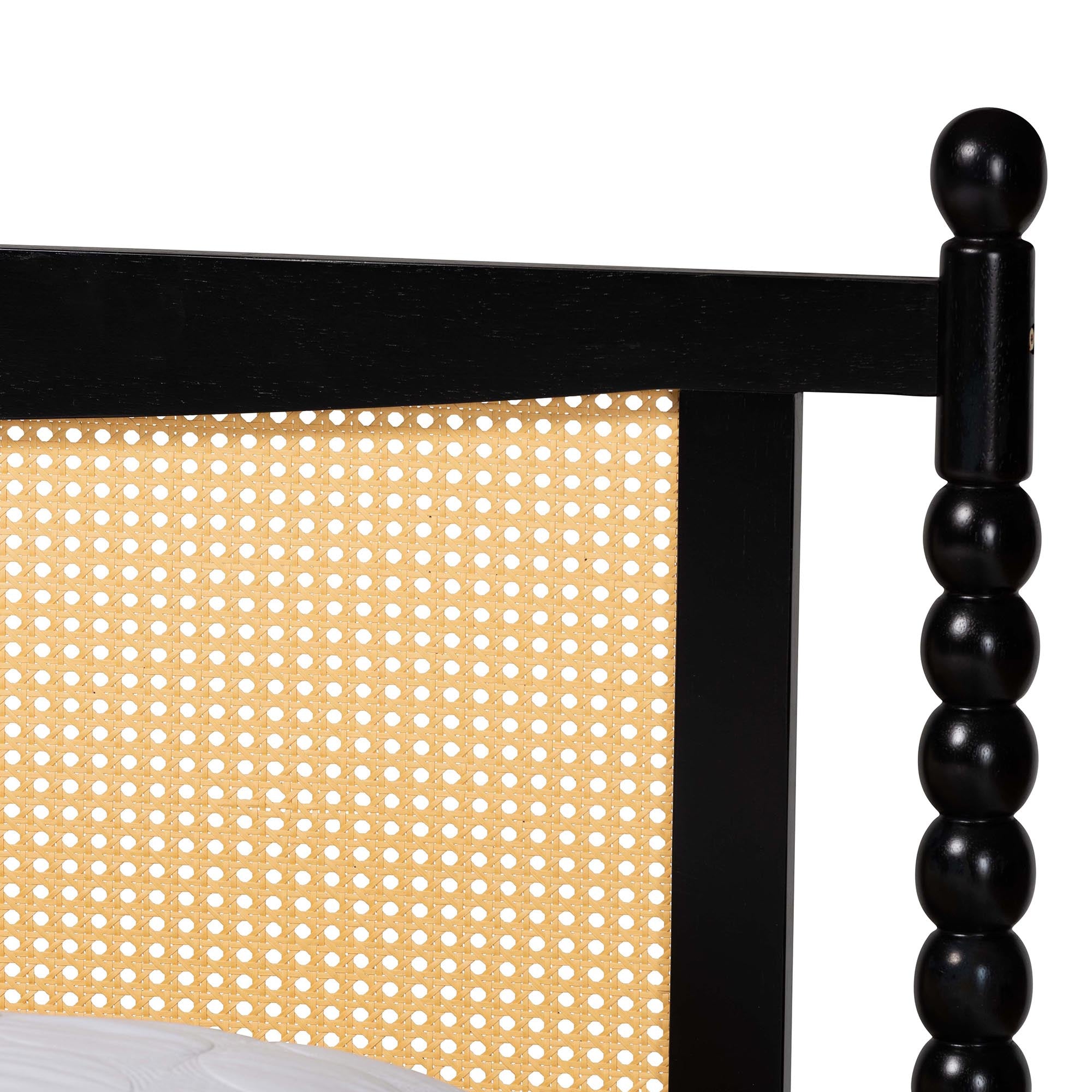 Haversham Queen Black Rubberwood Platform Bed – Mid-Century Modern with Woven Rattan Headboard