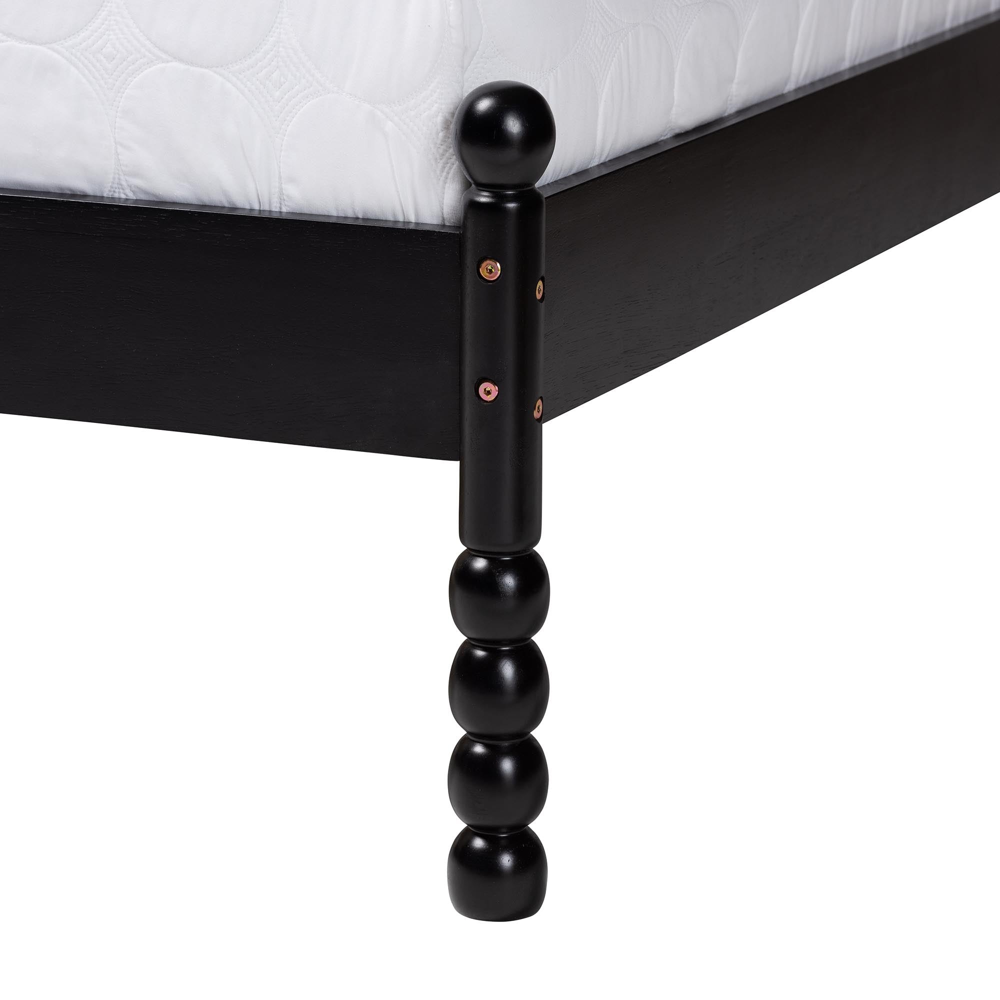 Haversham Queen Black Rubberwood Platform Bed – Mid-Century Modern with Woven Rattan Headboard