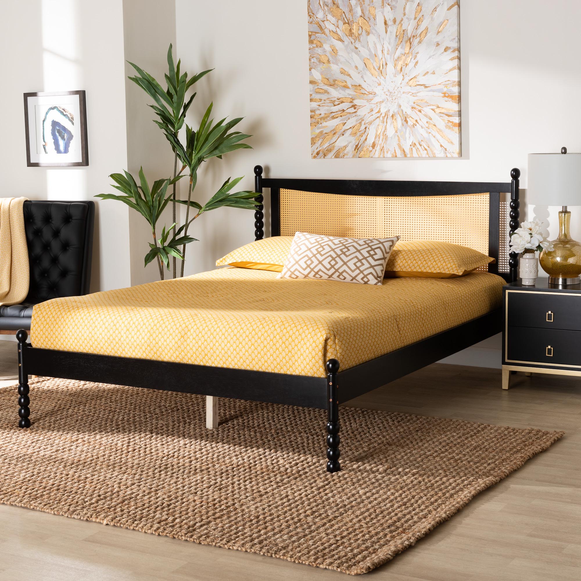 Haversham Queen Black Rubberwood Platform Bed – Mid-Century Modern with Woven Rattan Headboard