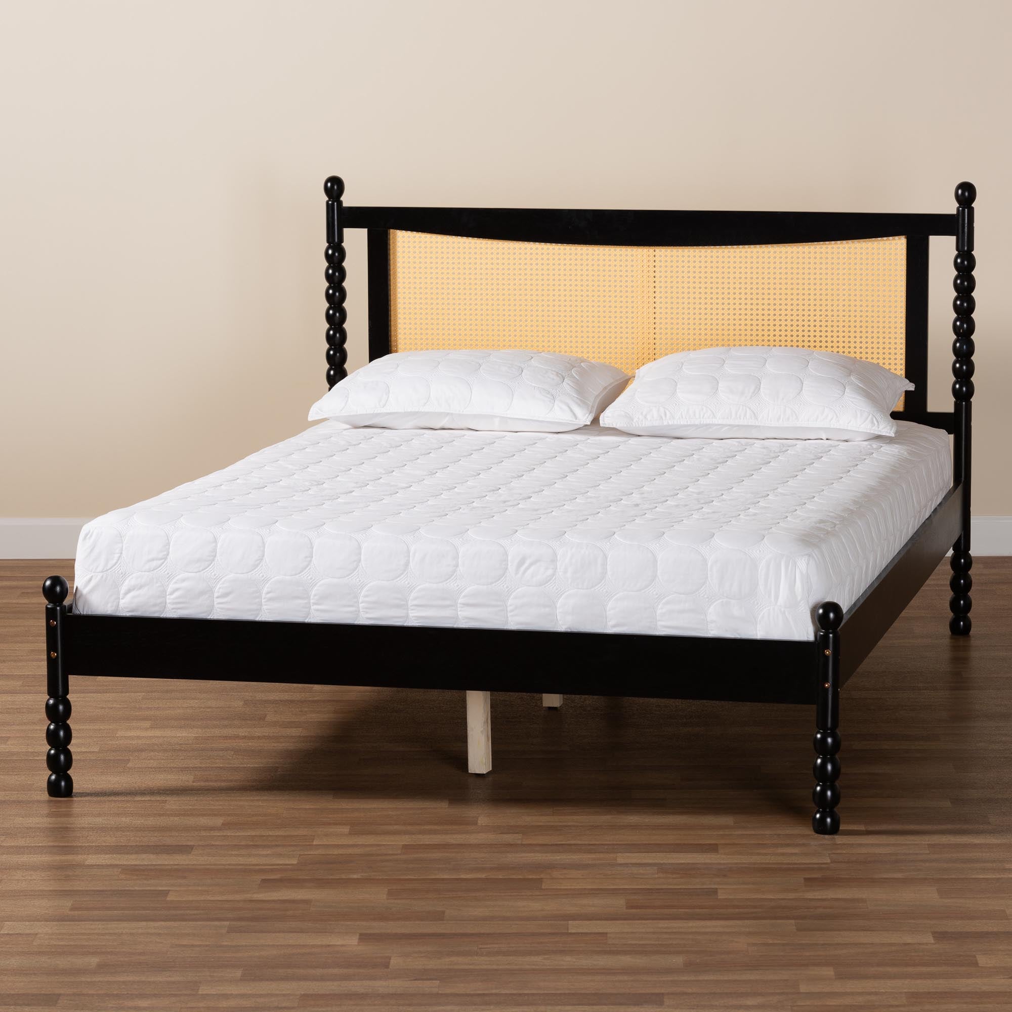 Haversham Queen Black Rubberwood Platform Bed – Mid-Century Modern with Woven Rattan Headboard
