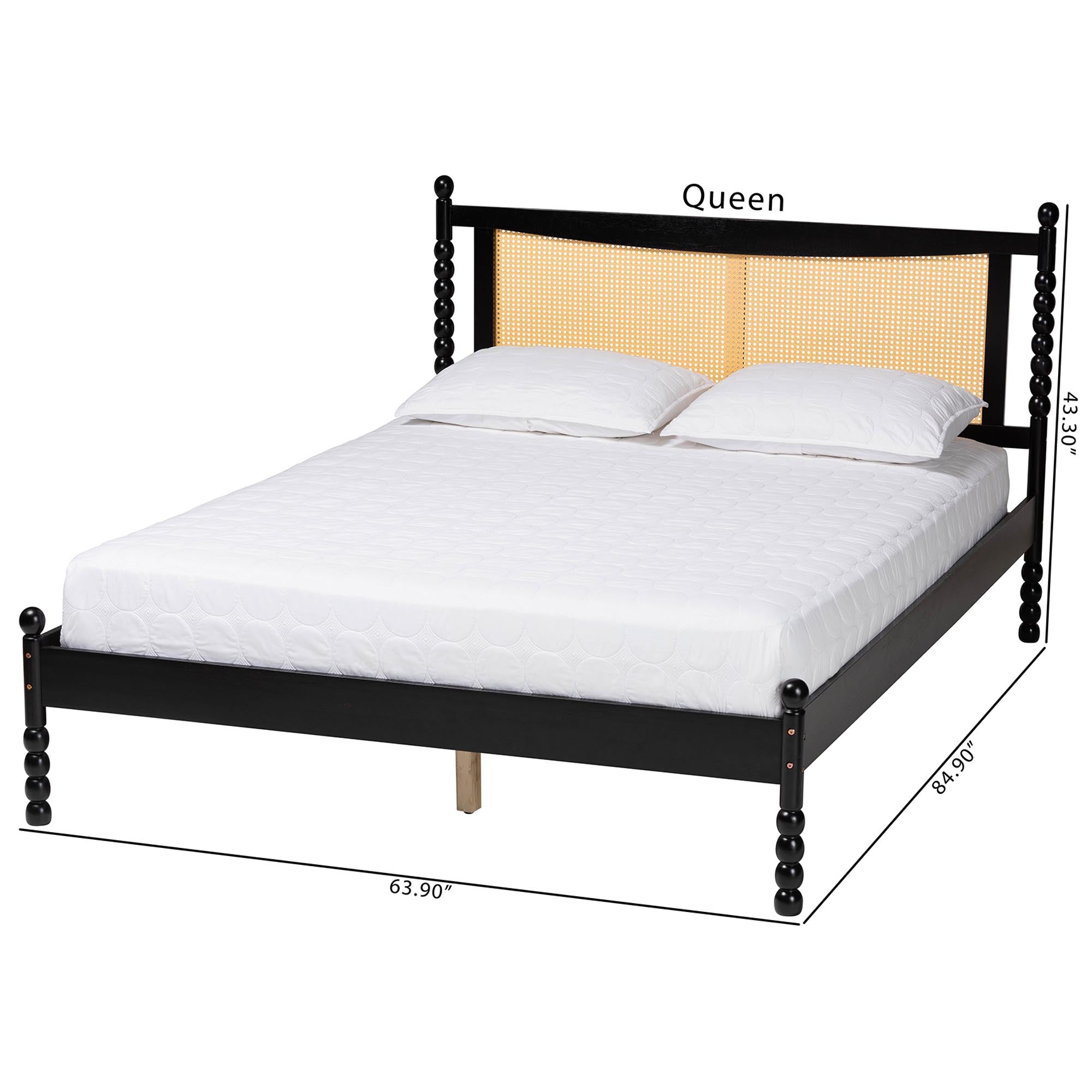 Haversham Queen Black Rubberwood Platform Bed – Mid-Century Modern with Woven Rattan Headboard