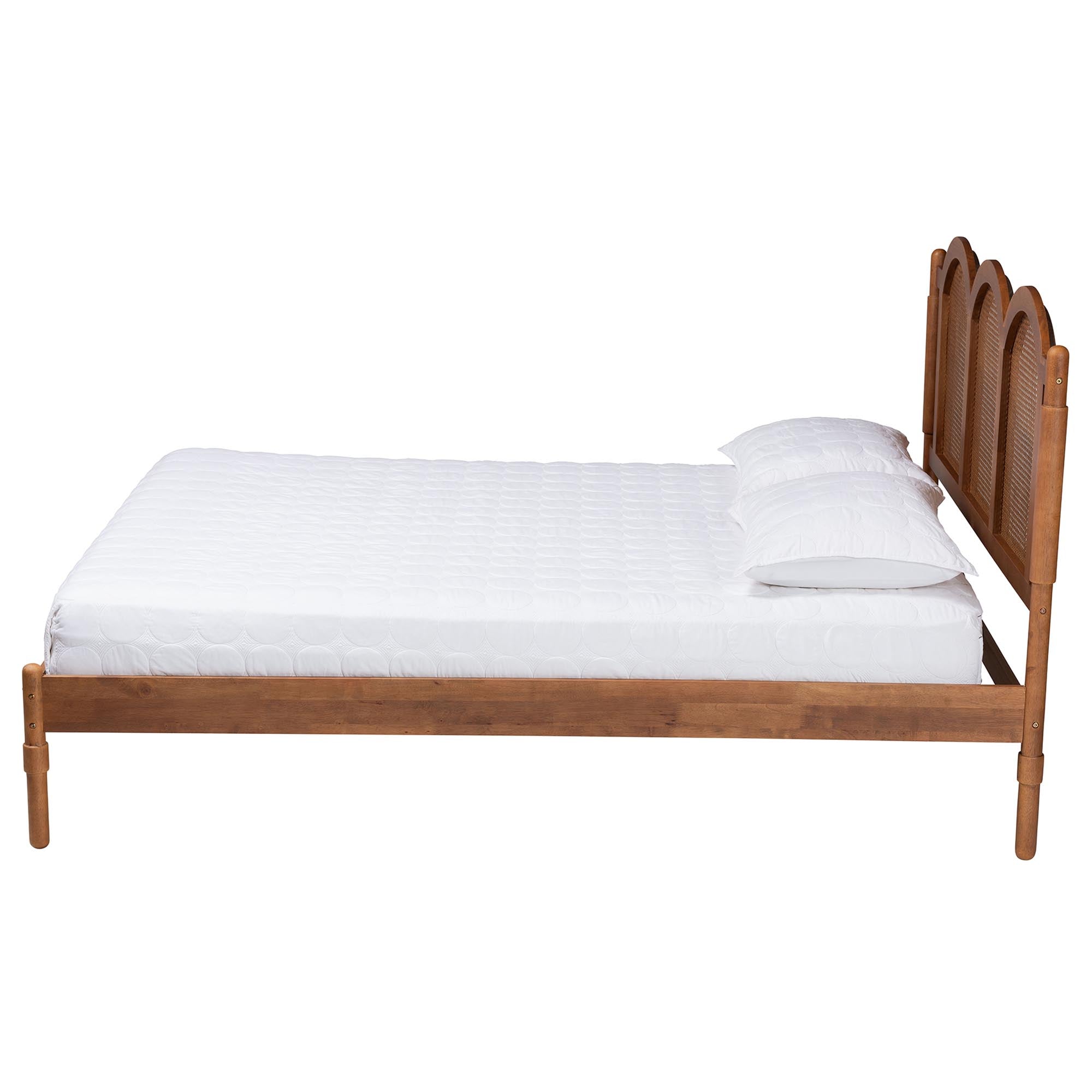 Micah Queen Rubberwood Platform Bed Frame – Mid-Century Triple Arch Design with Rattan