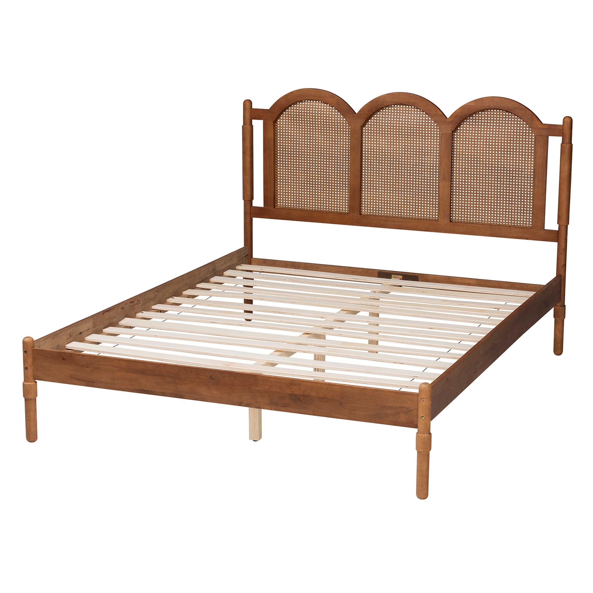 Micah Queen Rubberwood Platform Bed Frame – Mid-Century Triple Arch Design with Rattan