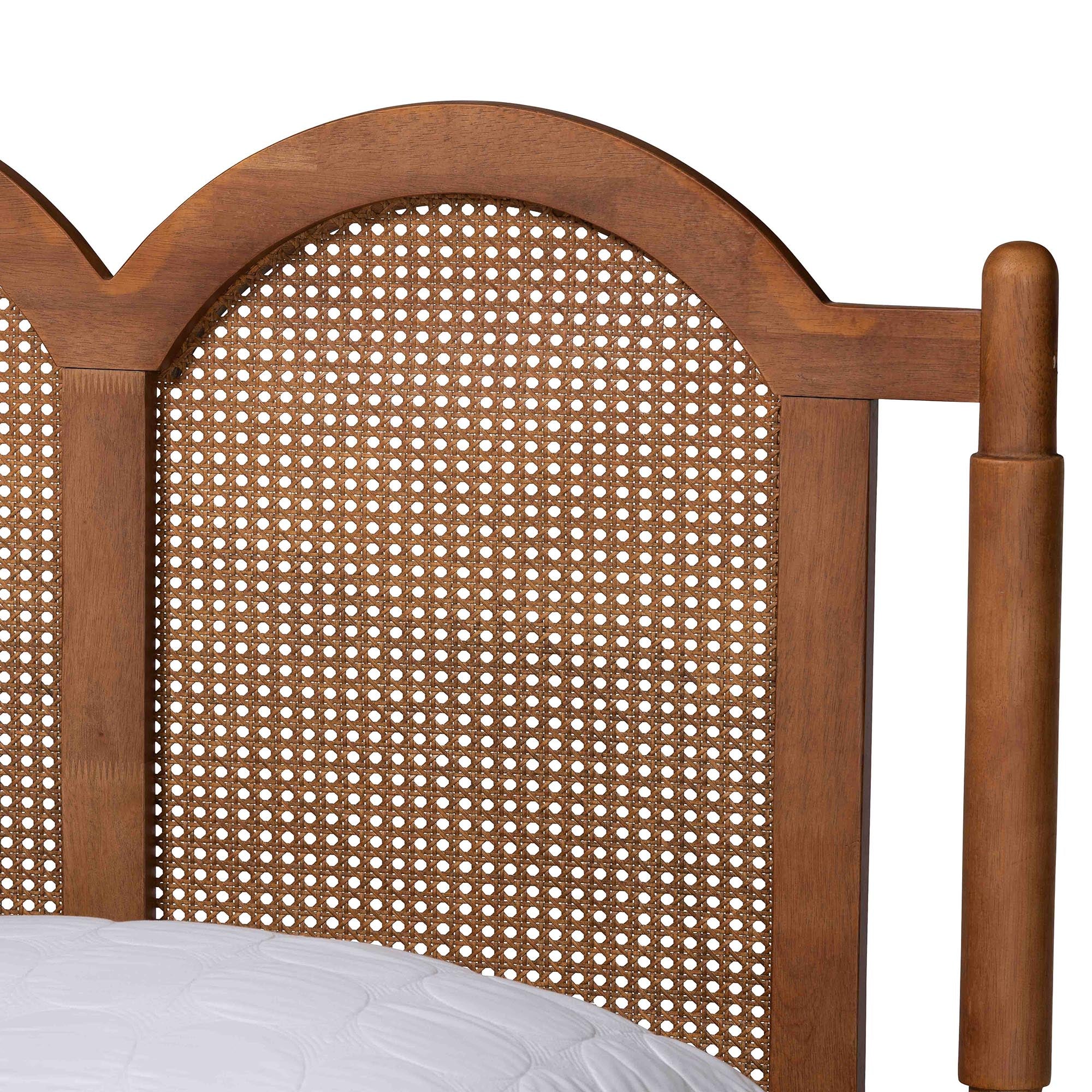Micah Queen Rubberwood Platform Bed Frame – Mid-Century Triple Arch Design with Rattan
