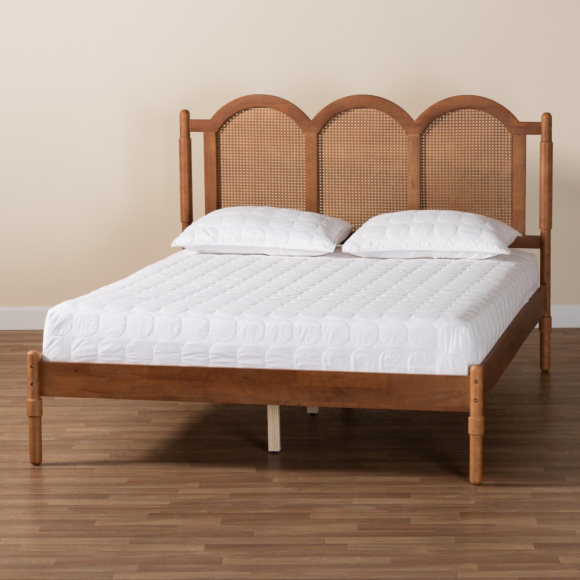Micah Queen Rubberwood Platform Bed Frame – Mid-Century Triple Arch Design with Rattan