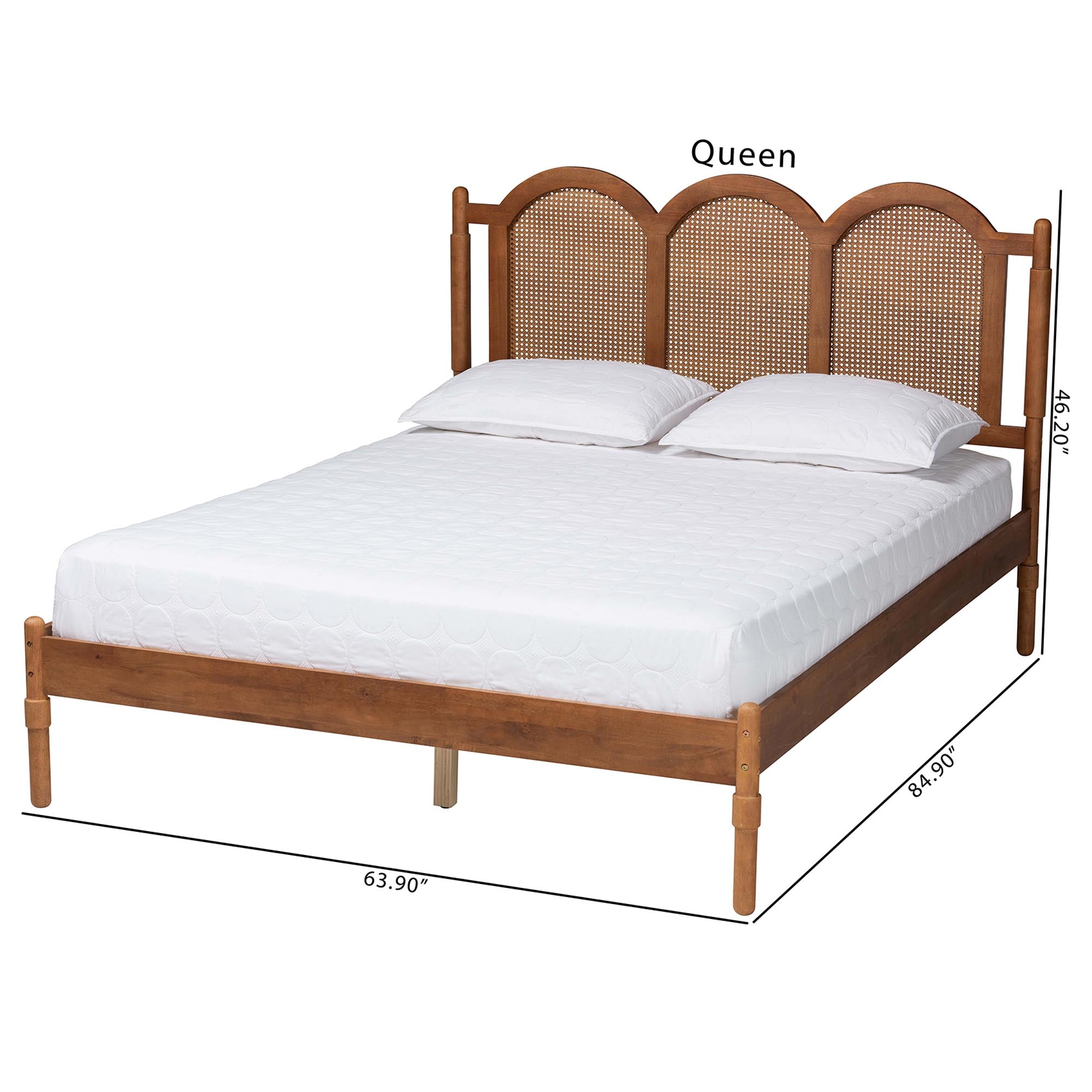 Micah Queen Rubberwood Platform Bed Frame – Mid-Century Triple Arch Design with Rattan