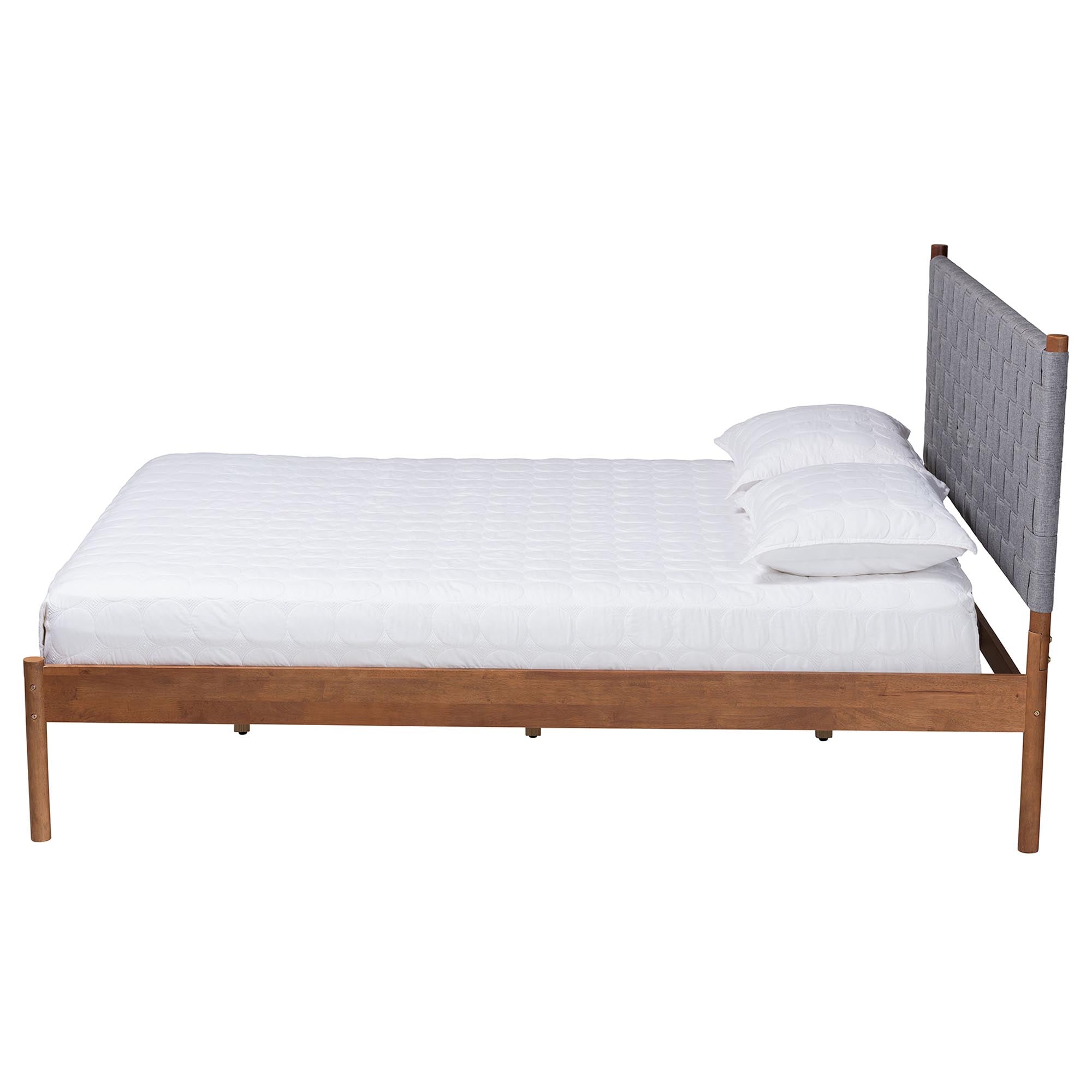 Barkley Queen Size Rubberwood Platform Bed – Mid-Century Modern with Grey Fabric Headboard