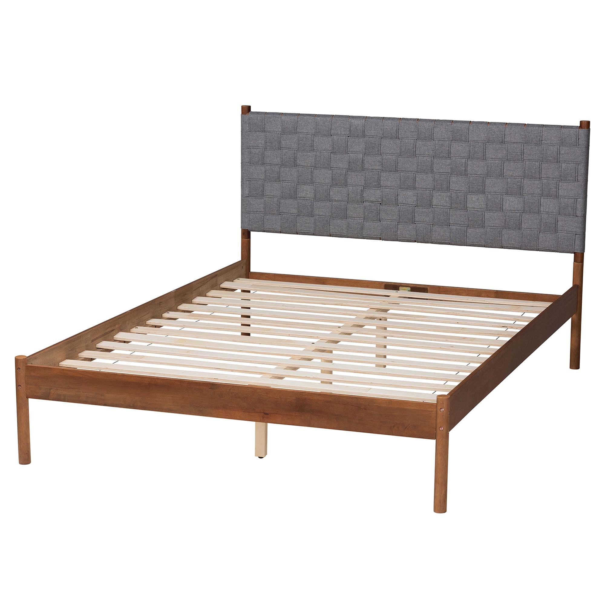 Barkley Queen Size Rubberwood Platform Bed – Mid-Century Modern with Grey Fabric Headboard