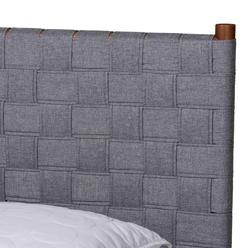 Barkley Queen Size Rubberwood Platform Bed – Mid-Century Modern with Grey Fabric Headboard
