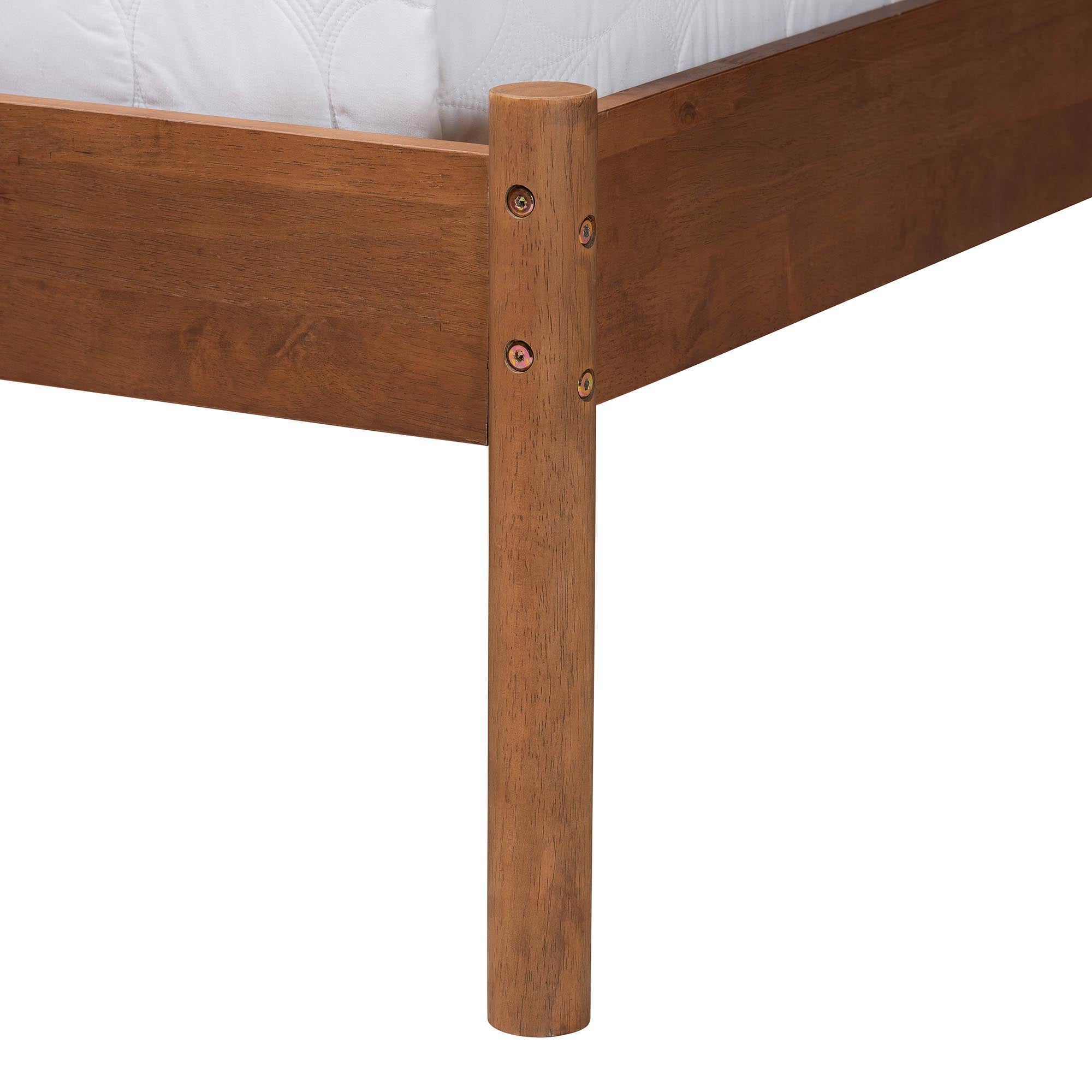 Barkley Queen Size Rubberwood Platform Bed – Mid-Century Modern with Grey Fabric Headboard