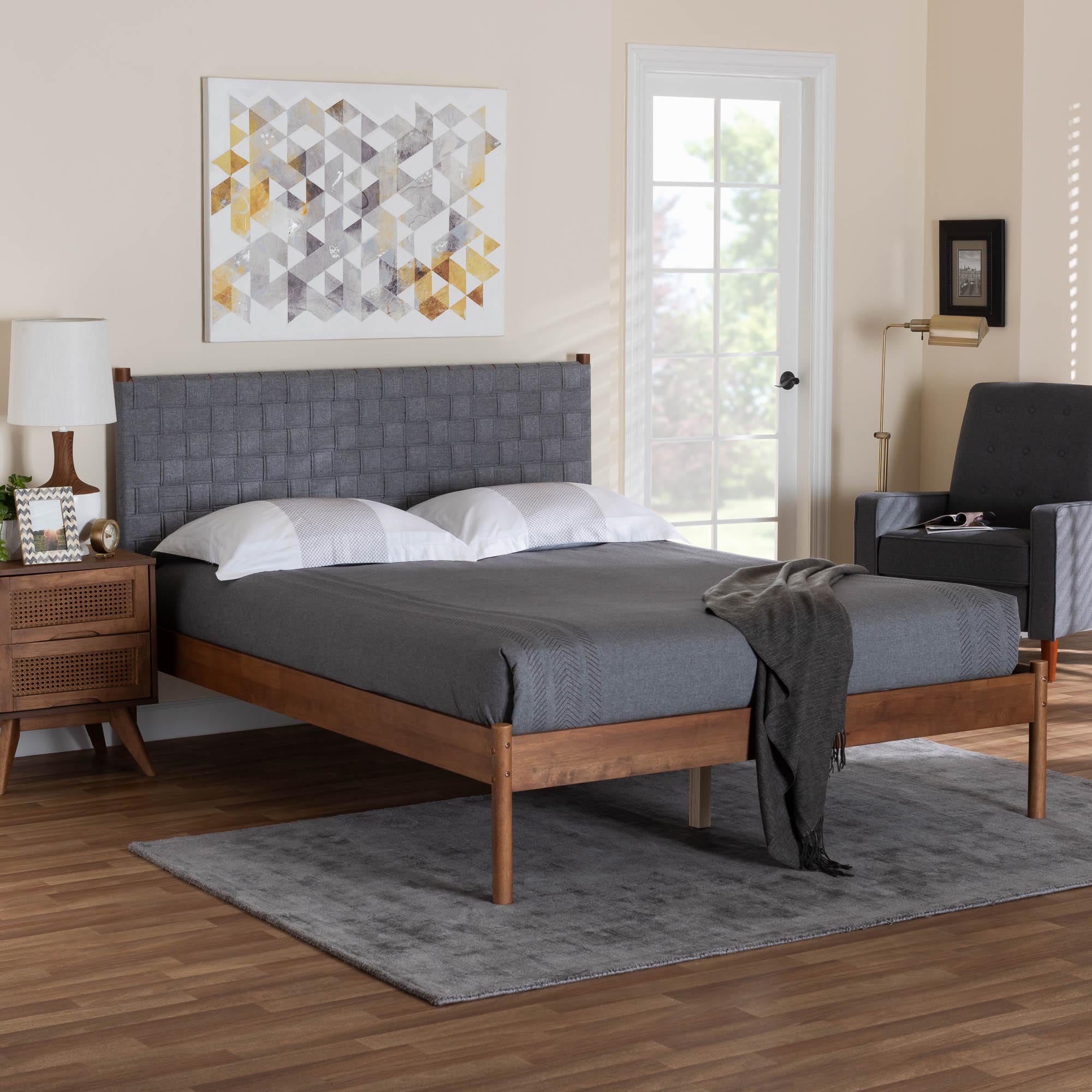 Barkley Queen Size Rubberwood Platform Bed – Mid-Century Modern with Grey Fabric Headboard