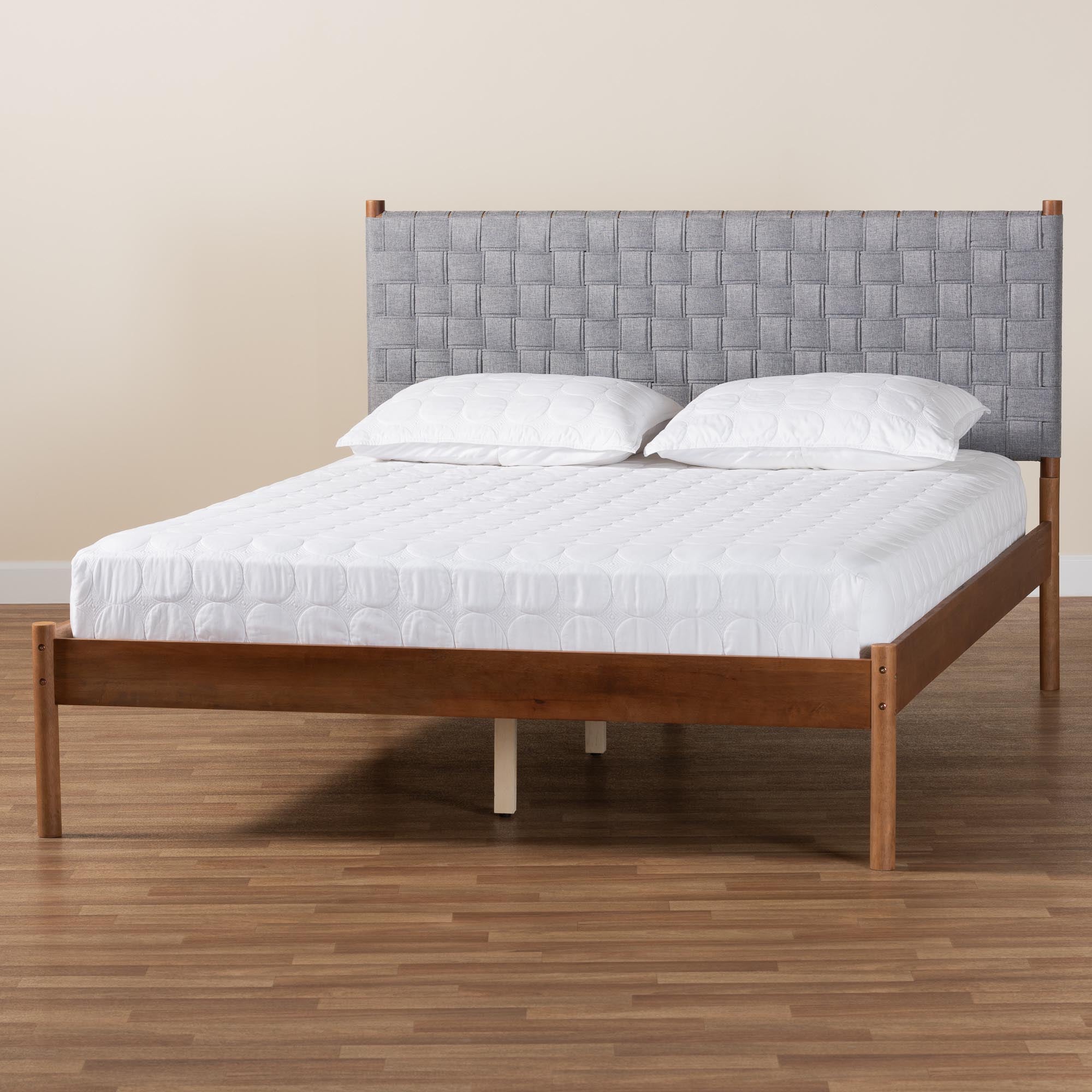 Barkley Queen Size Rubberwood Platform Bed – Mid-Century Modern with Grey Fabric Headboard