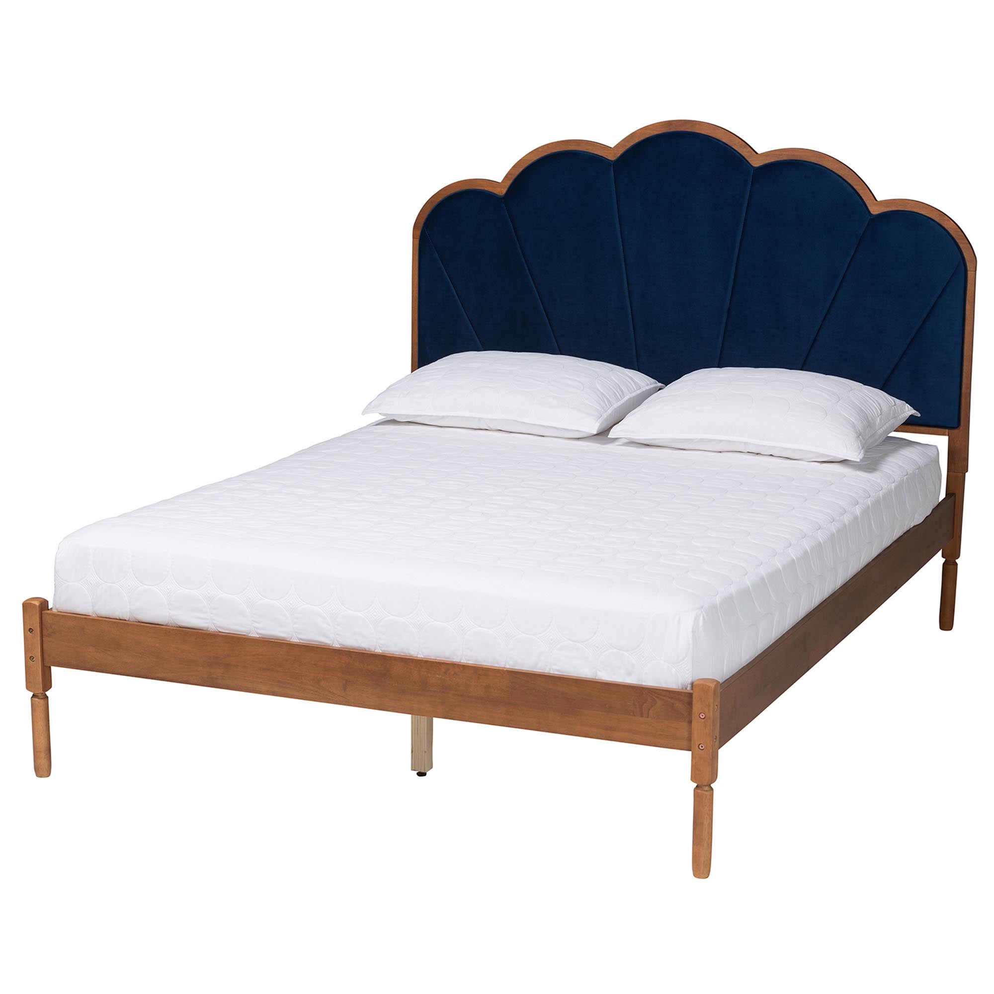 Teagon Queen Rubberwood Platform Bed – Mid-Century Modern Navy Velvet Upholstery