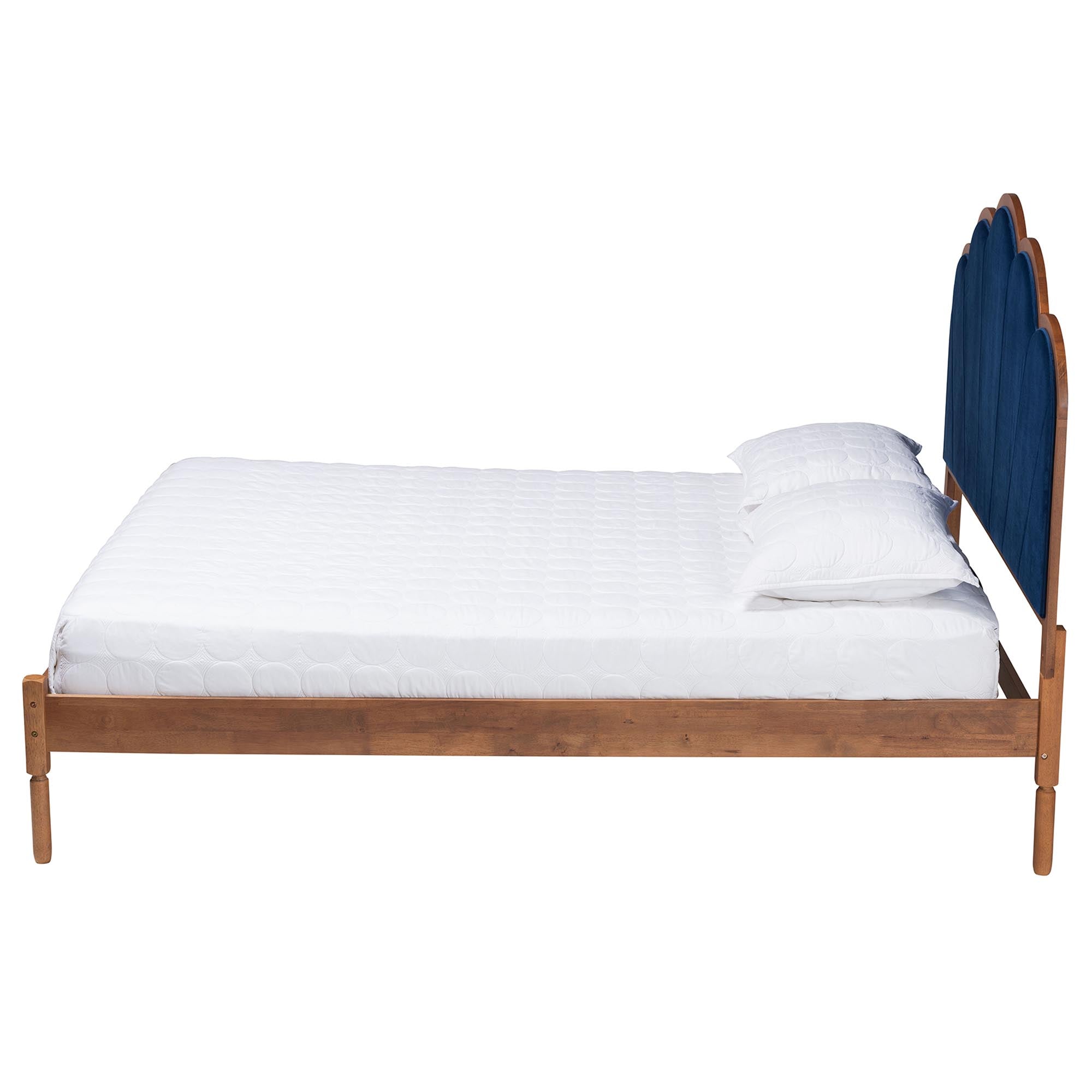 Teagon Queen Rubberwood Platform Bed – Mid-Century Modern Navy Velvet Upholstery