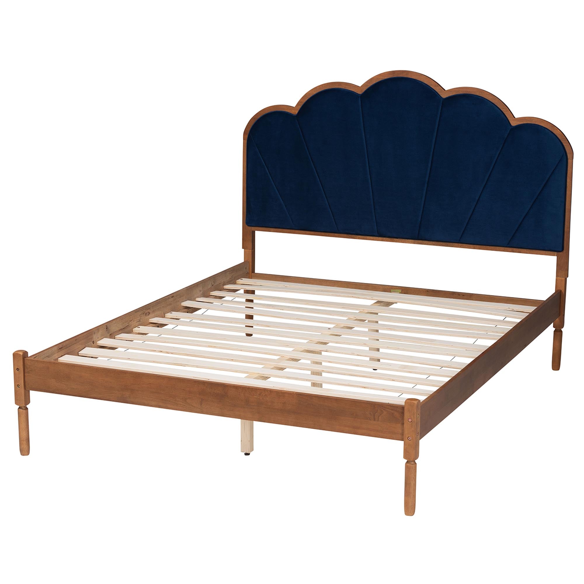Teagon Queen Rubberwood Platform Bed – Mid-Century Modern Navy Velvet Upholstery