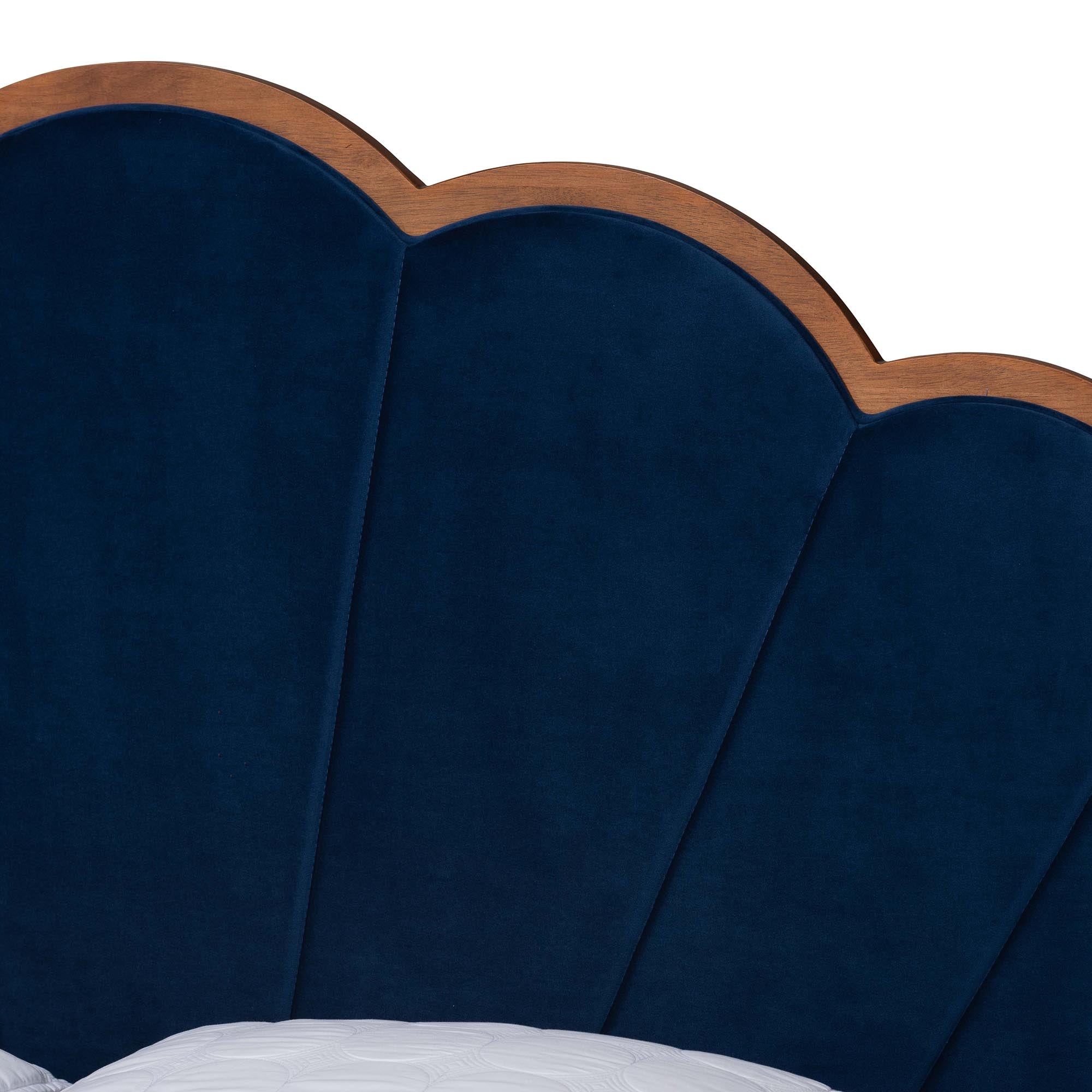 Teagon Queen Rubberwood Platform Bed – Mid-Century Modern Navy Velvet Upholstery