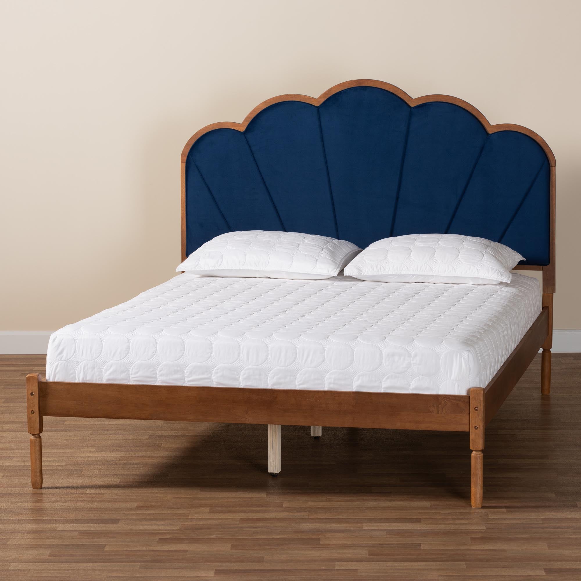 Teagon Queen Rubberwood Platform Bed – Mid-Century Modern Navy Velvet Upholstery