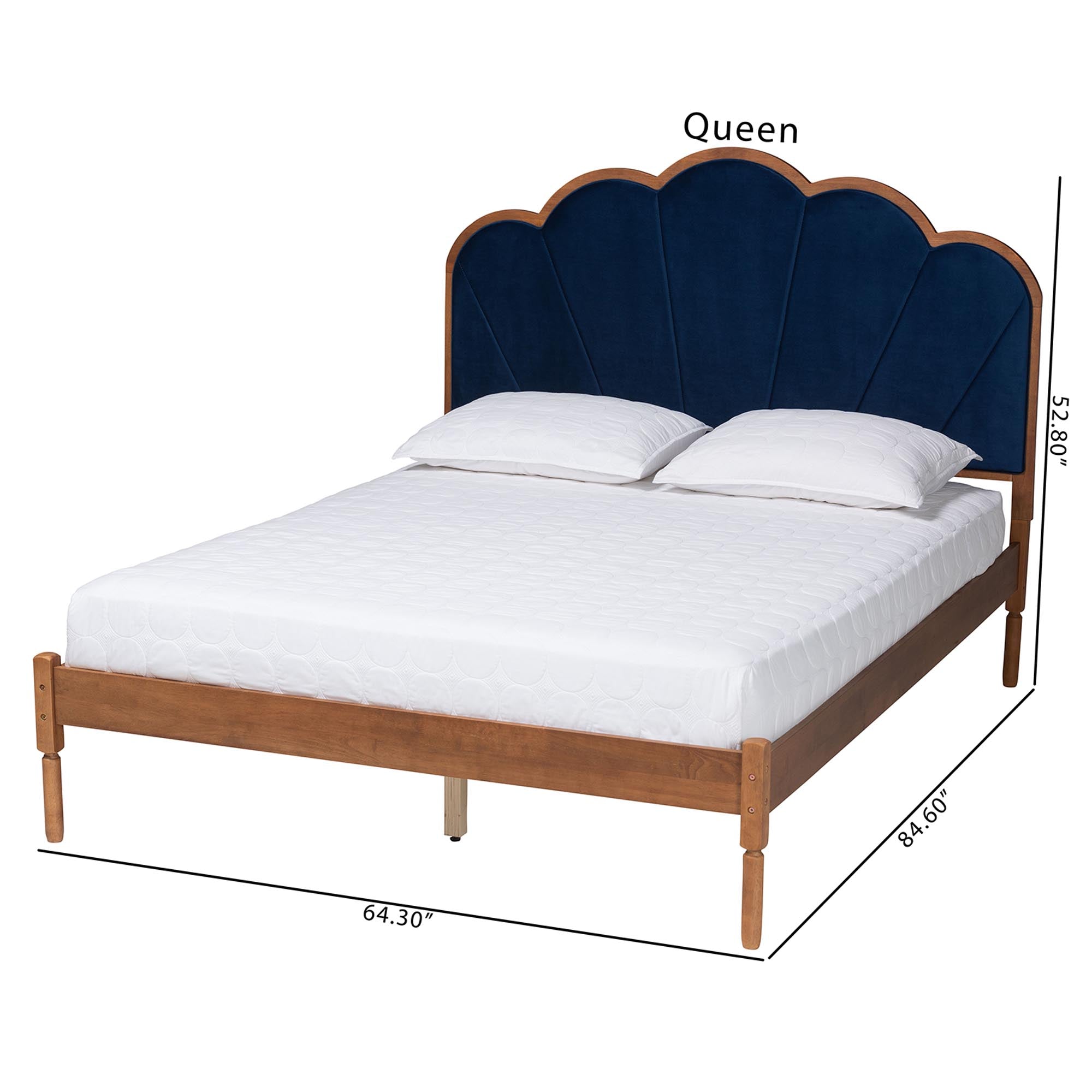 Teagon Queen Rubberwood Platform Bed – Mid-Century Modern Navy Velvet Upholstery