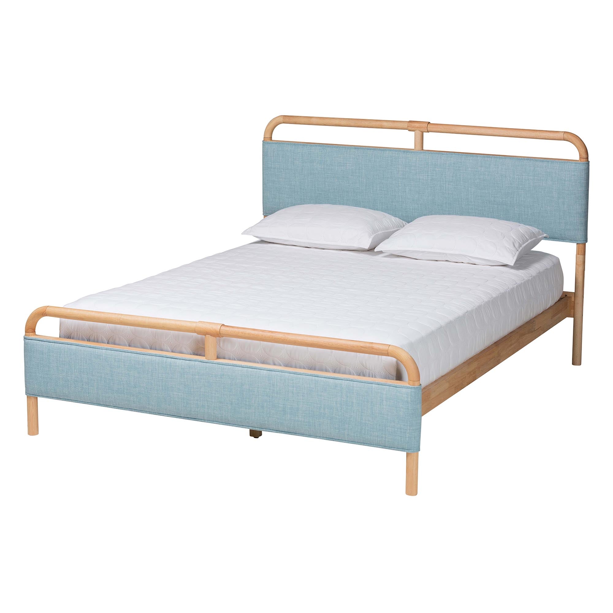 Iglehart Queen Blue Fabric Platform Bed – Modern Rubberwood Frame with Rounded Corners
