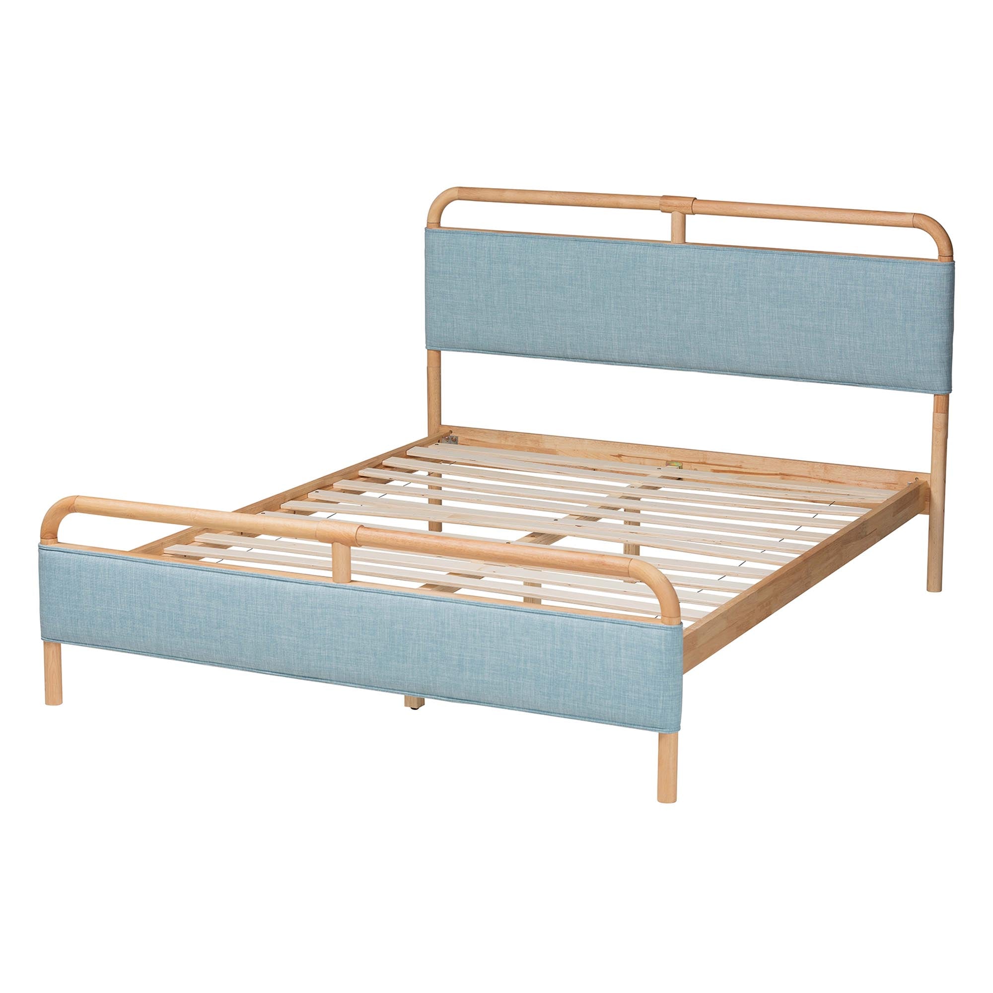 Iglehart Queen Blue Fabric Platform Bed Modern Rubberwood Frame with Rounded Corners