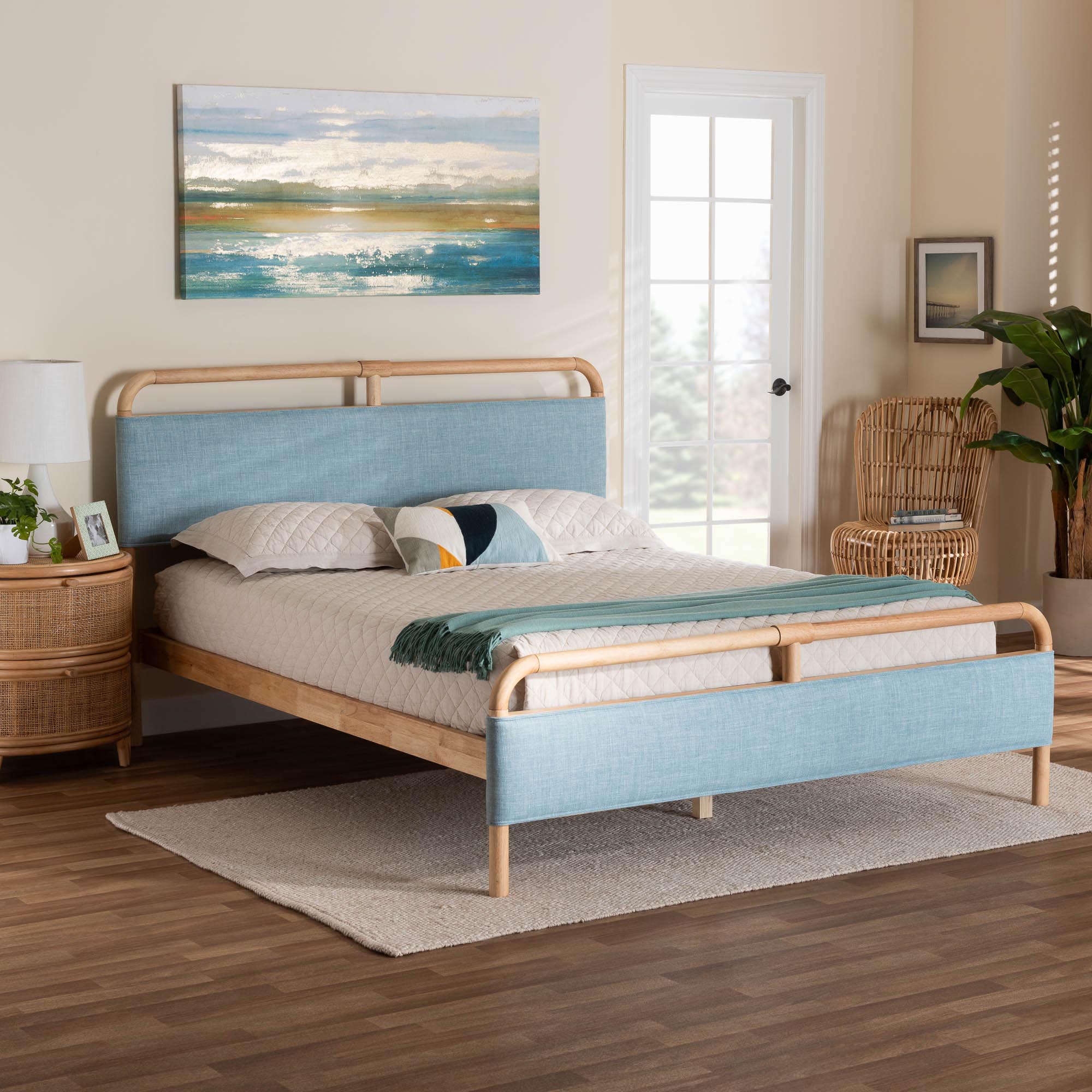 Iglehart Queen Blue Fabric Platform Bed – Modern Rubberwood Frame with Rounded Corners