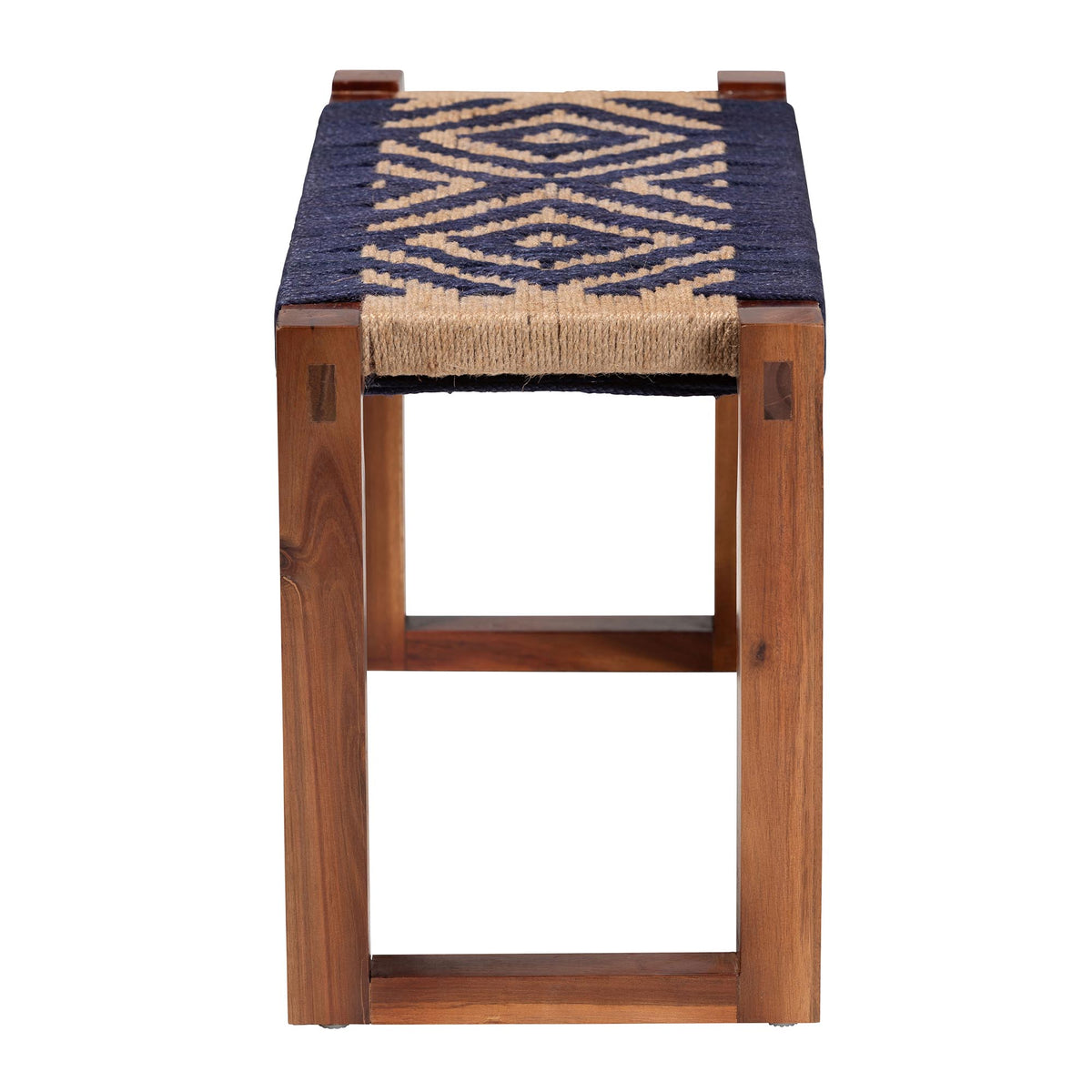 Prunella Modern Bohemian Two-Tone Navy Blue and Natural Brown Seagrass and Acacia Wood Accent Bench