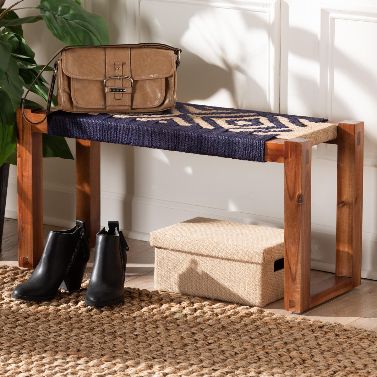Prunella Modern Bohemian Two-Tone Navy Blue and Natural Brown Seagrass and Acacia Wood Accent Bench