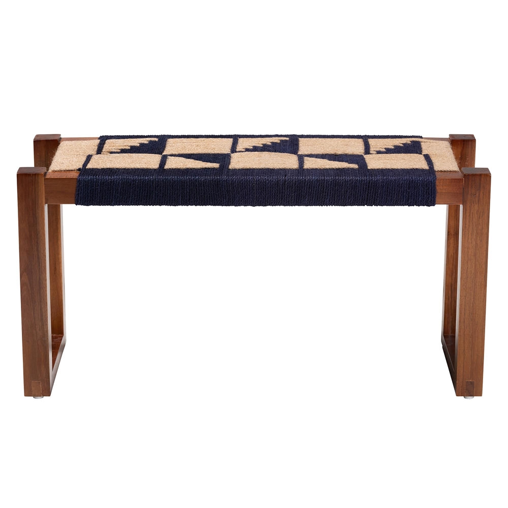 Jerilyn Modern Bohemian Two-Tone Navy Blue and Natura Brown Seagrass and Acacia Wood Accent Bench