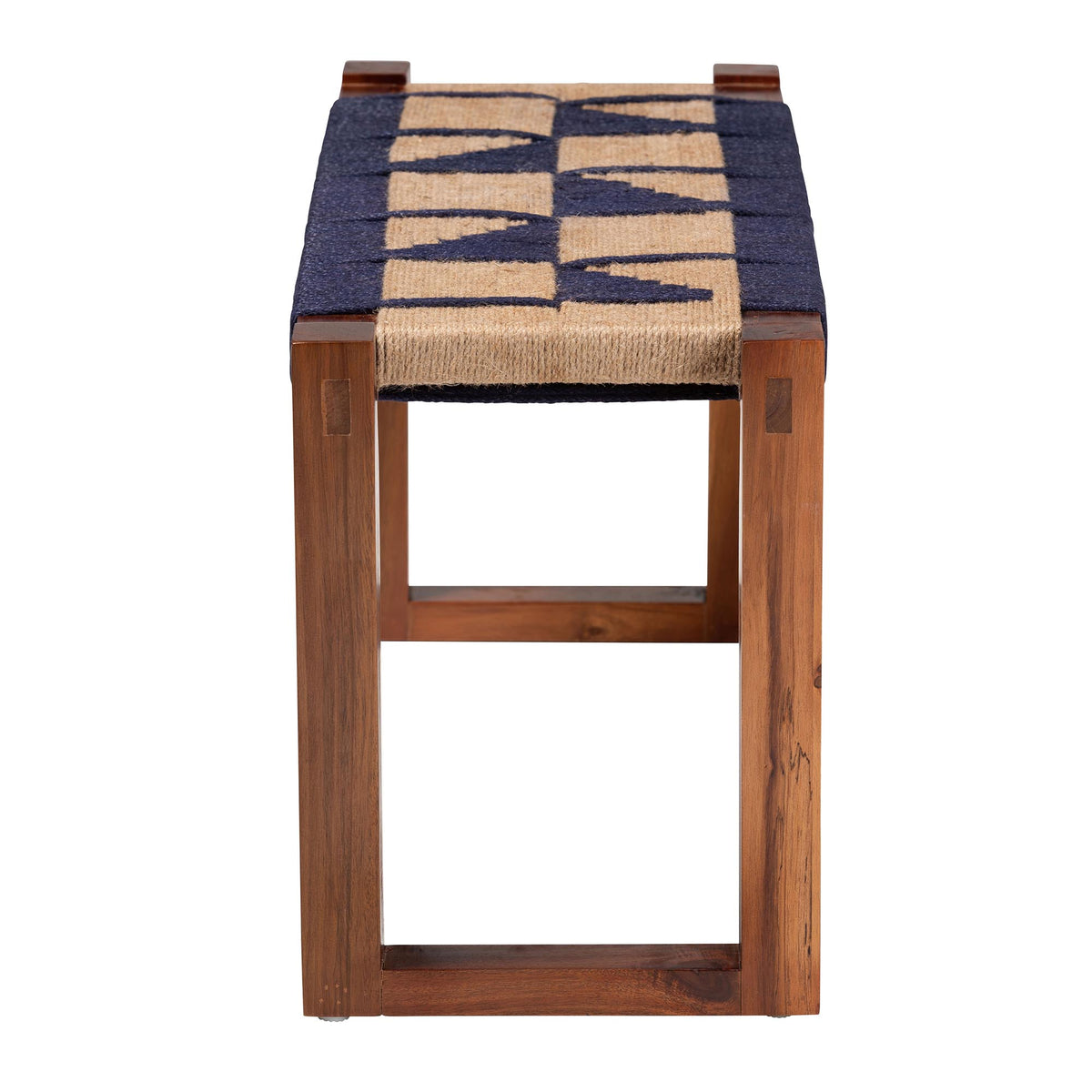 Jerilyn Modern Bohemian Two-Tone Navy Blue and Natura Brown Seagrass and Acacia Wood Accent Bench