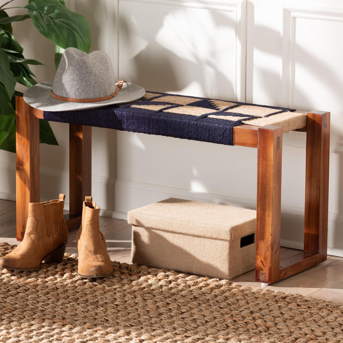 Jerilyn Modern Bohemian Two-Tone Navy Blue and Natura Brown Seagrass and Acacia Wood Accent Bench