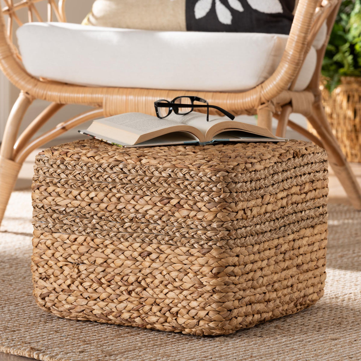 Marella Modern Bohemian Natural Brown Seagrass Accent Footstool