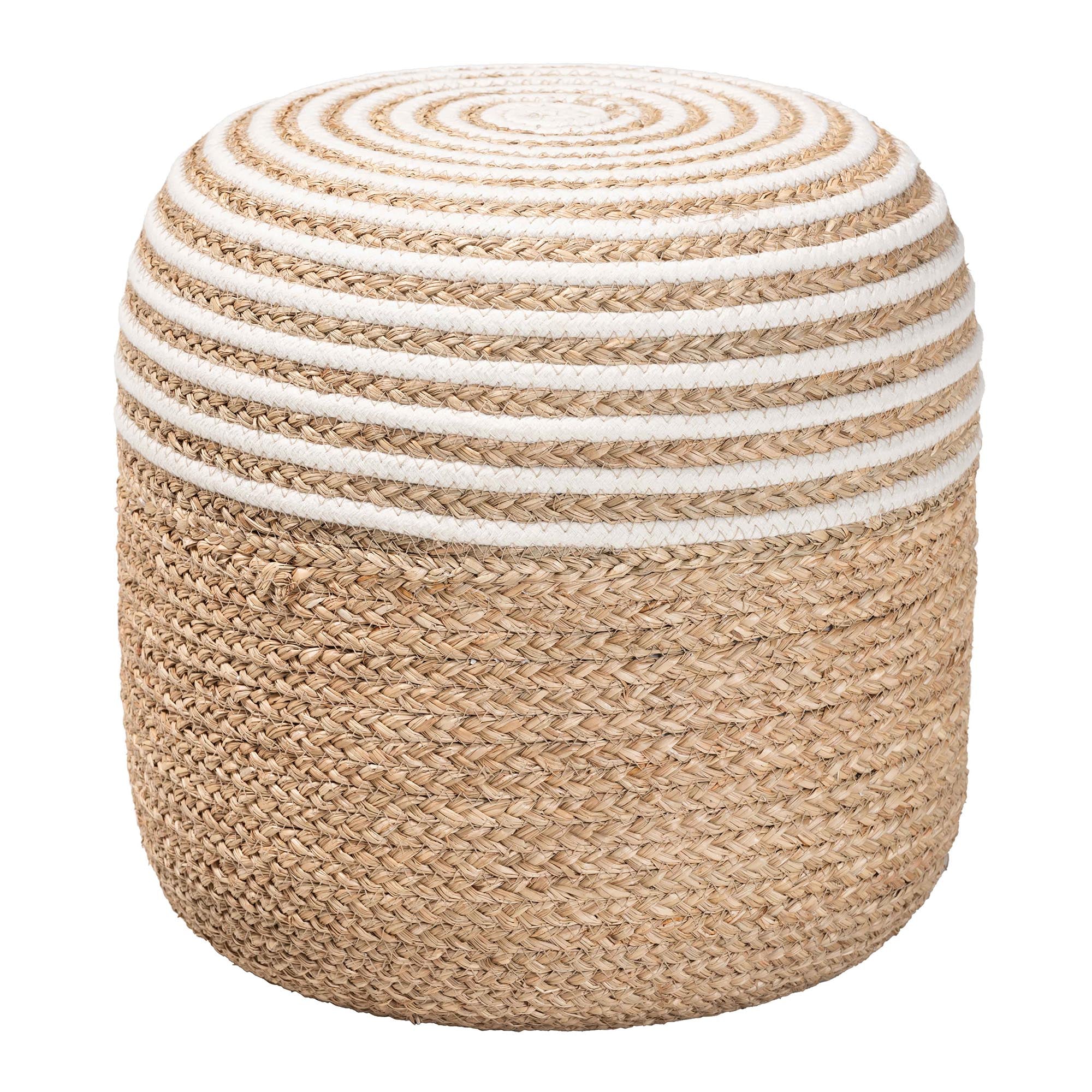 bali & pari Nequiel Modern Bohemian Natural Brown Seagrass and Woven Rope Ottoman Footstool