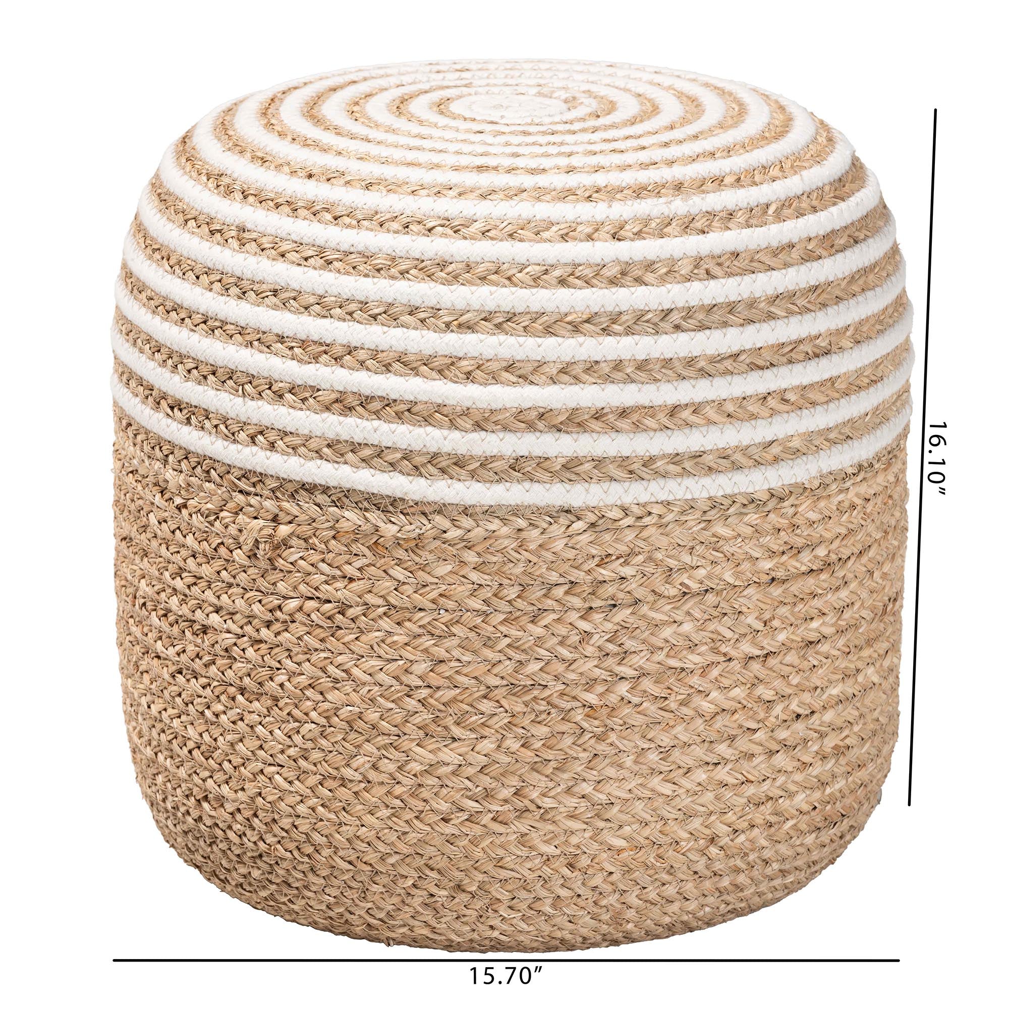 Nequiel Modern Bohemian Natural Brown Seagrass and Woven Rope Ottoman Footstool