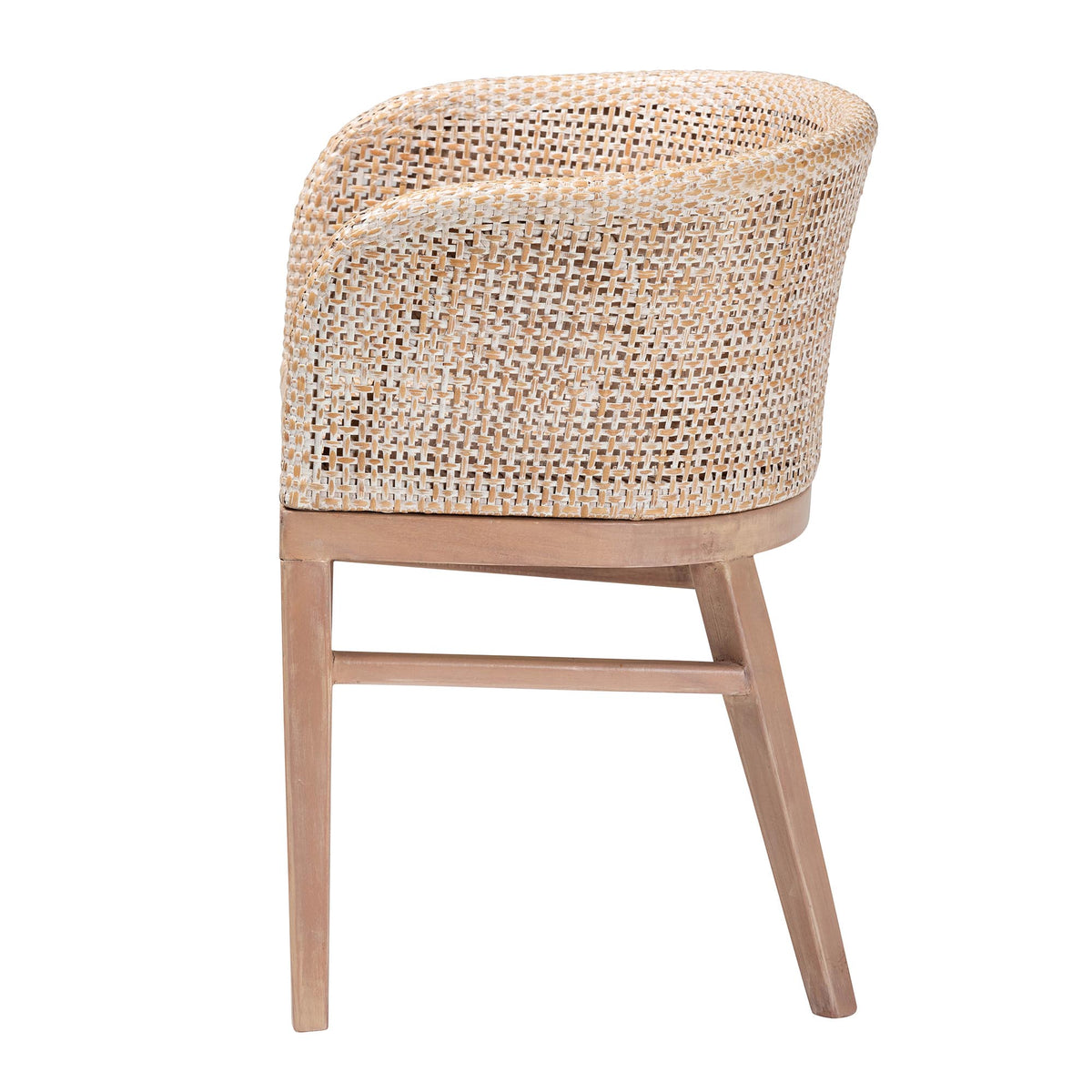 Papua Modern Bohemian Antique White Washed Rattan and Mahogany Wood Dining Chair