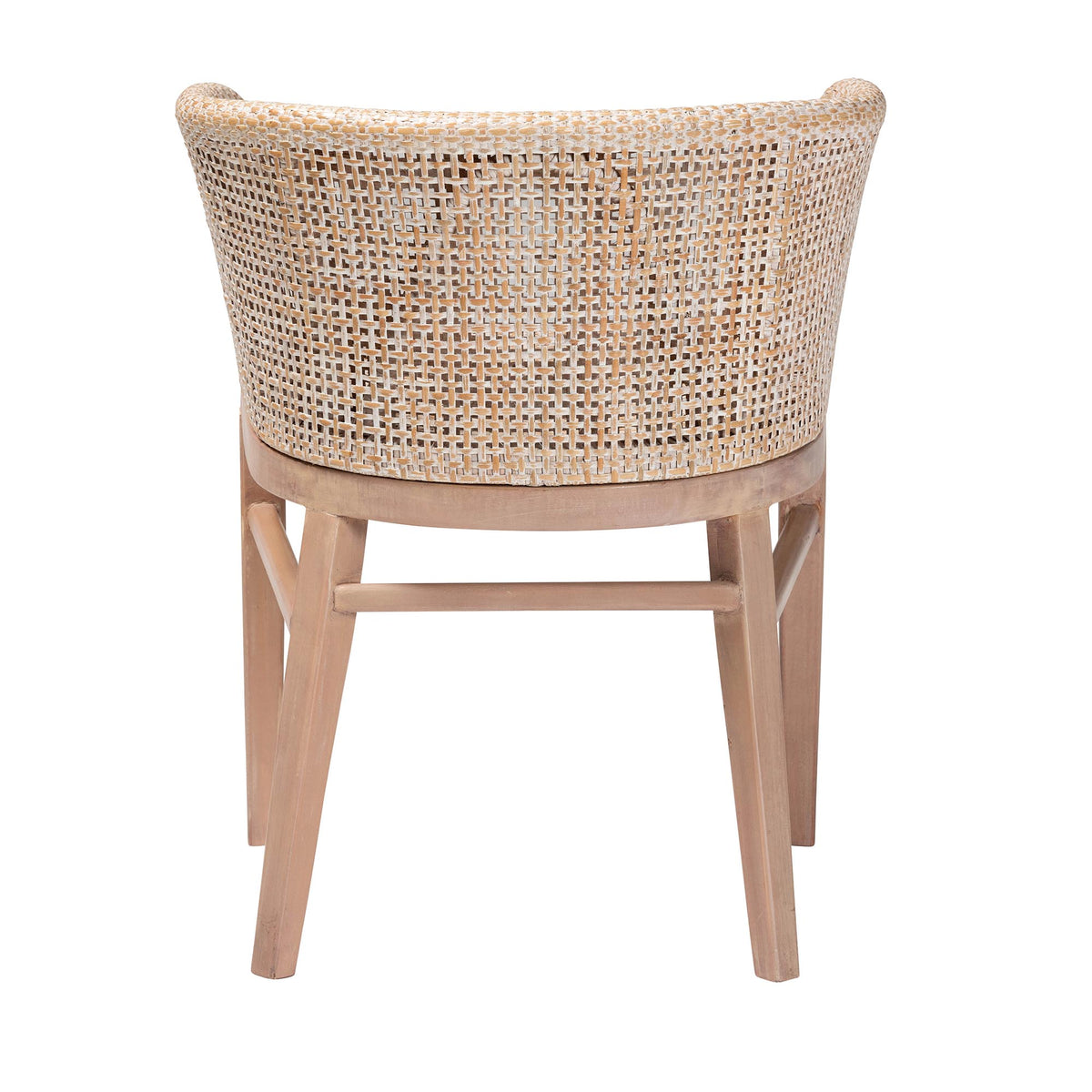 Papua Modern Bohemian Antique White Washed Rattan and Mahogany Wood Dining Chair