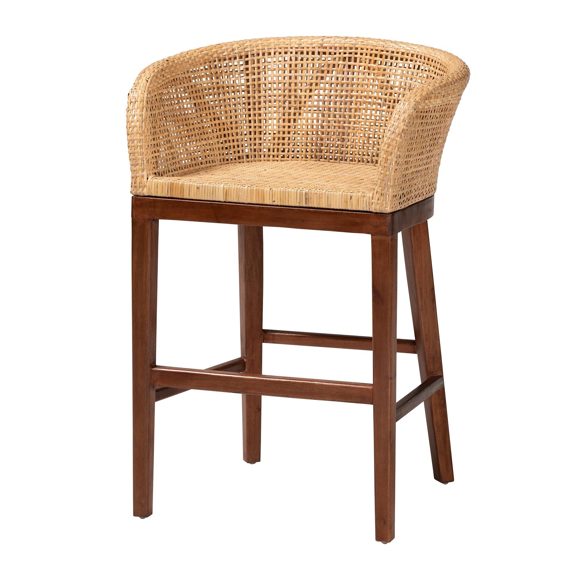 bali & pari Papua Modern Bohemian Natural Rattan and Walnut Brown Acacia Wood Counter Stool