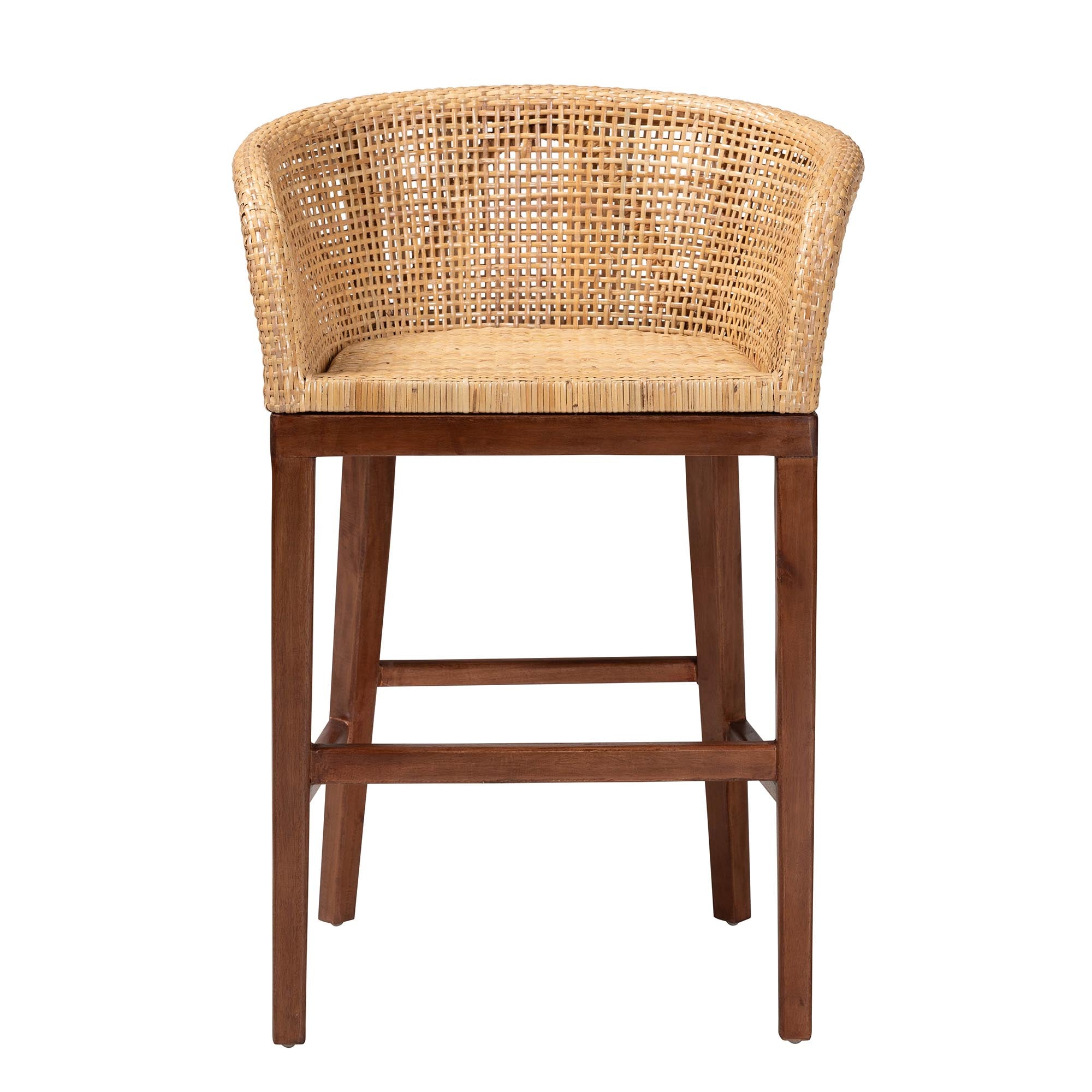 Papua Modern Bohemian Natural Rattan and Walnut Brown Acacia Wood Counter Stool