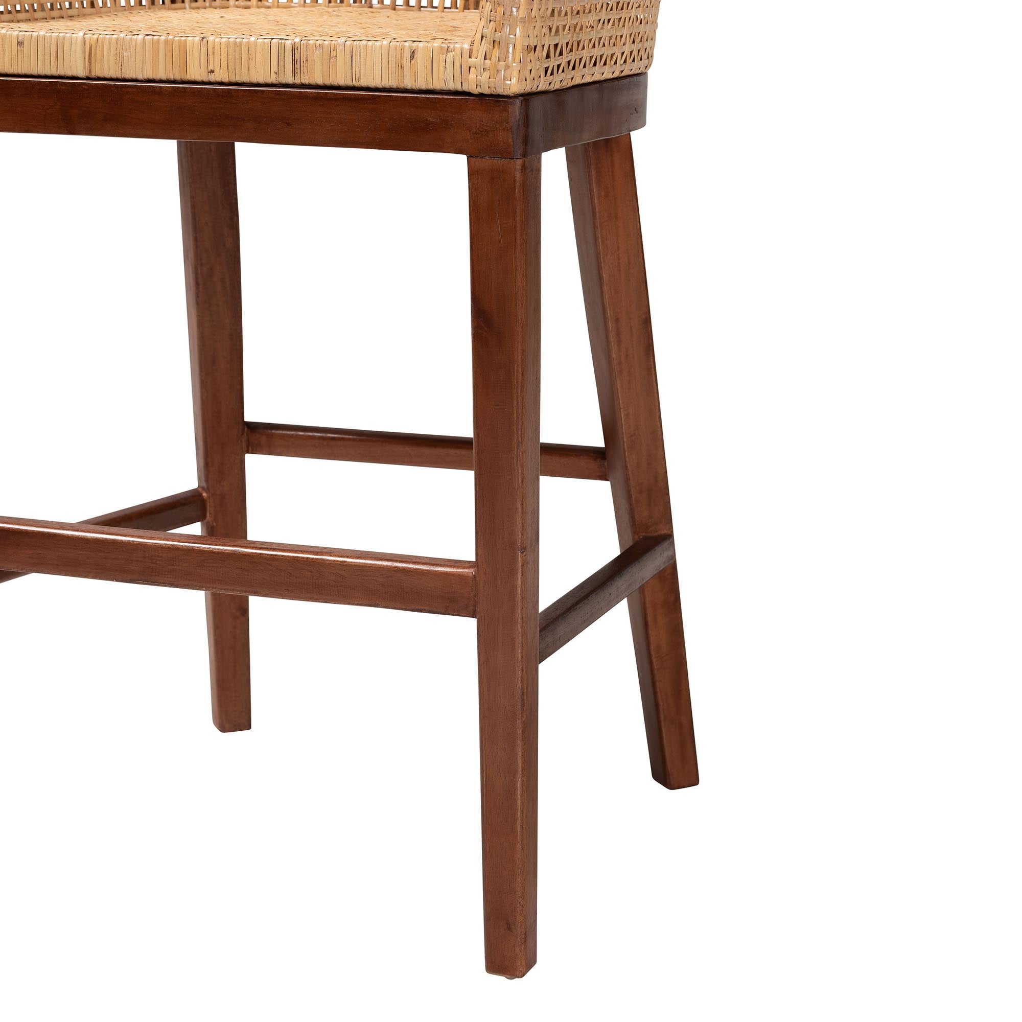 Papua Modern Bohemian Natural Rattan and Walnut Brown Acacia Wood Counter Stool