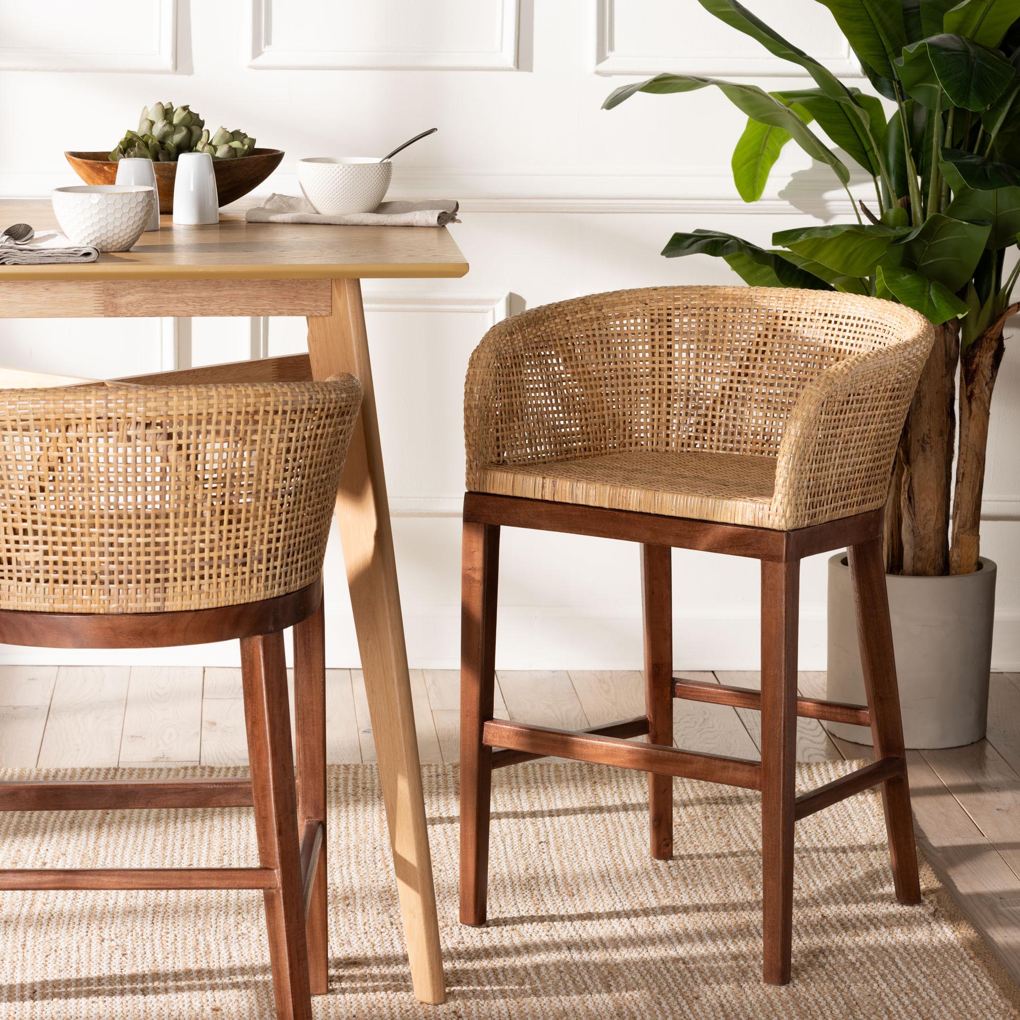 Papua Modern Bohemian Natural Rattan and Walnut Brown Acacia Wood Counter Stool