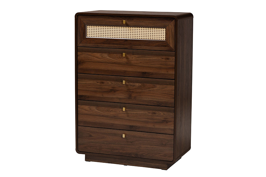 Jenibelle Classic Walnut Brown Wood 5-Drawer Chest with Rattan Drawer