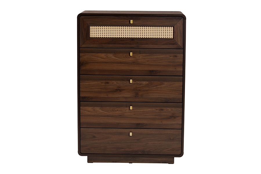 Jenibelle Classic Walnut Brown Wood 5-Drawer Chest with Rattan Drawer