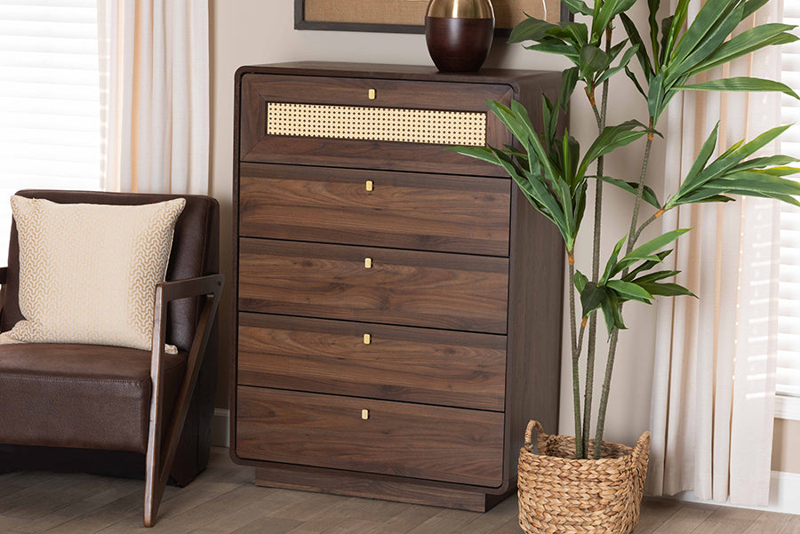 Jenibelle Classic Walnut Brown Wood 5-Drawer Chest with Rattan Drawer